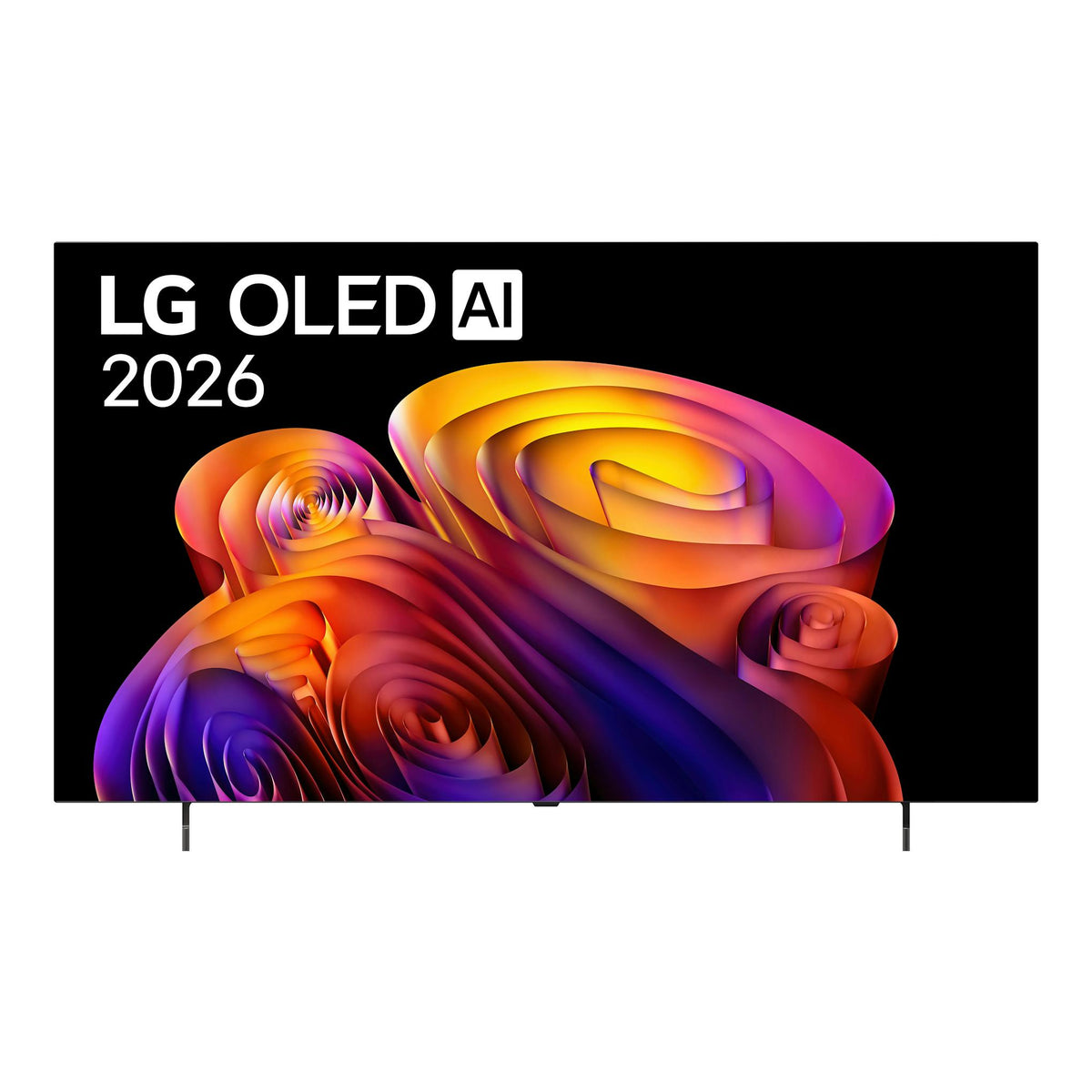 Televisor LG OLED65B6ELC.AEU, vista frontal, con pantalla negra y fondo abstracto multicolor.