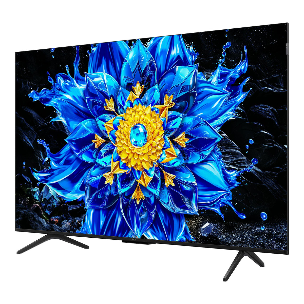 Televisor TCL 75P8L de frente en ángulo, pantalla negra con imagen abstracta azul y base de patas.