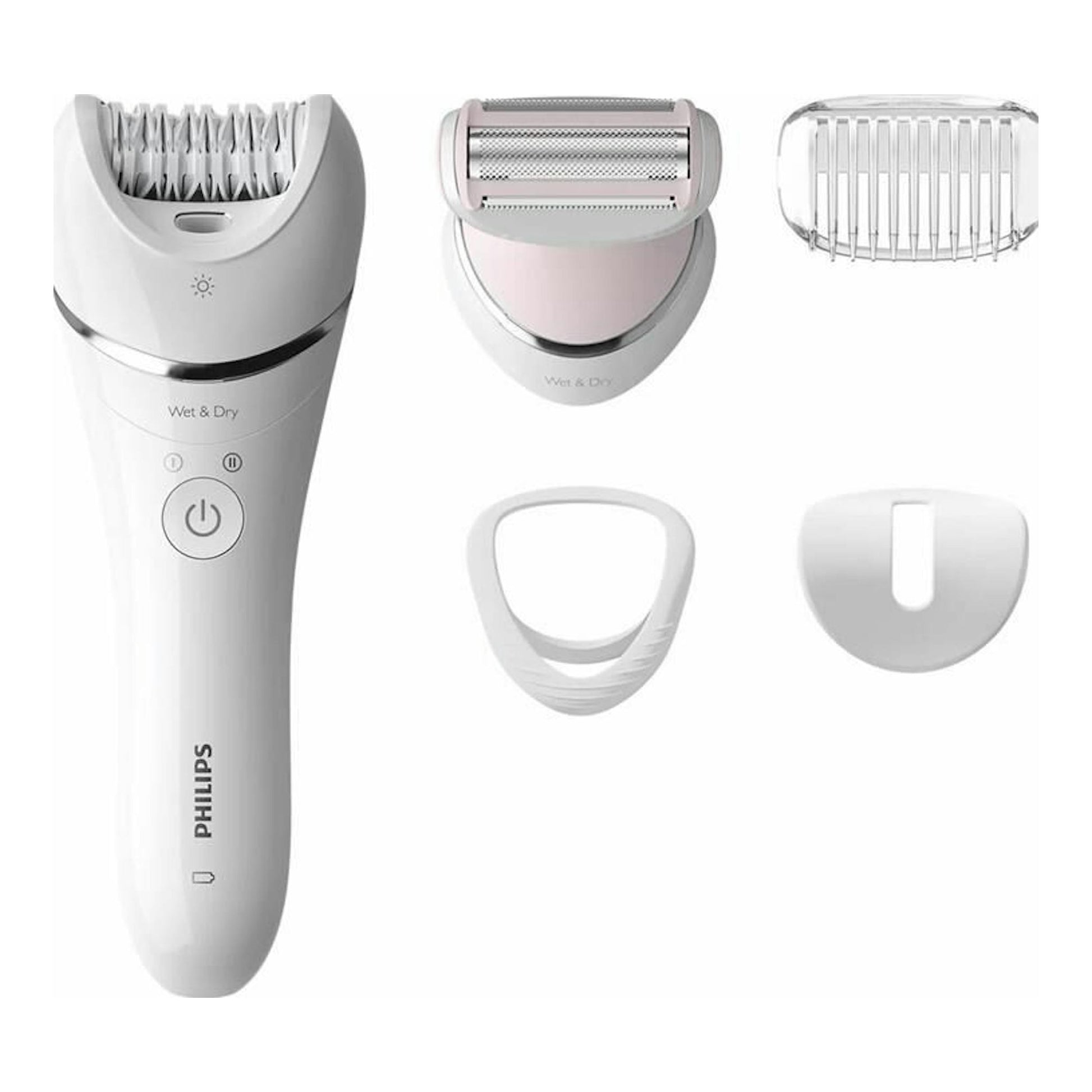 Depiladora Philips BRE710/00 blanca y rosa, vista frontal, con varios cabezales y accesorios.