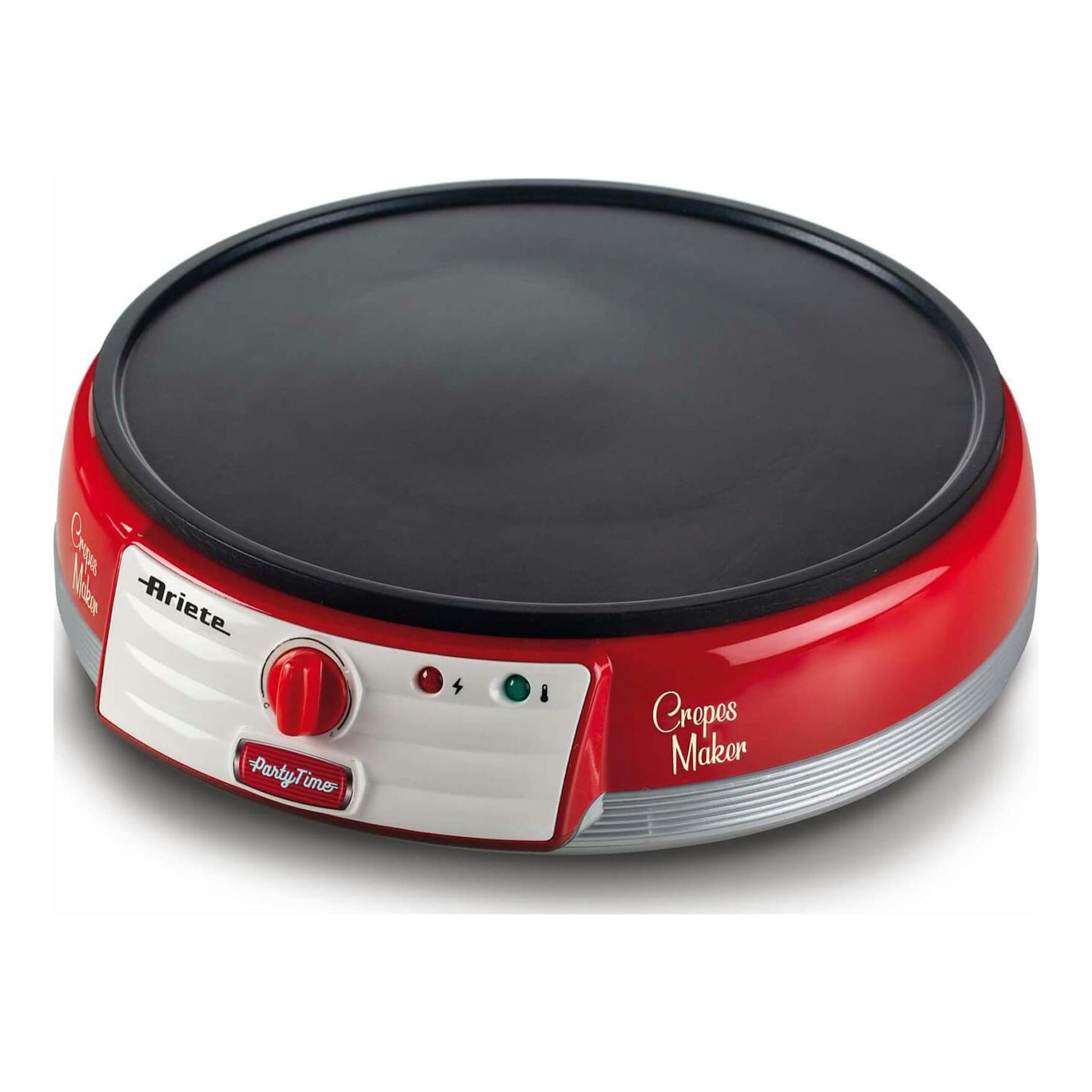 Crepera Ariete Party Time 0202/00 roja, vista frontal, con placa redonda negra y control en el frontal.