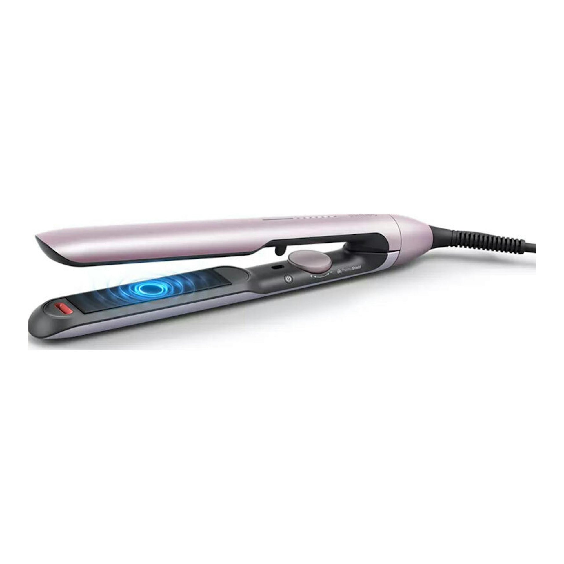 Plancha de pelo Philips BHS530/00 en vista lateral, color rosa lila y negro, con cable.