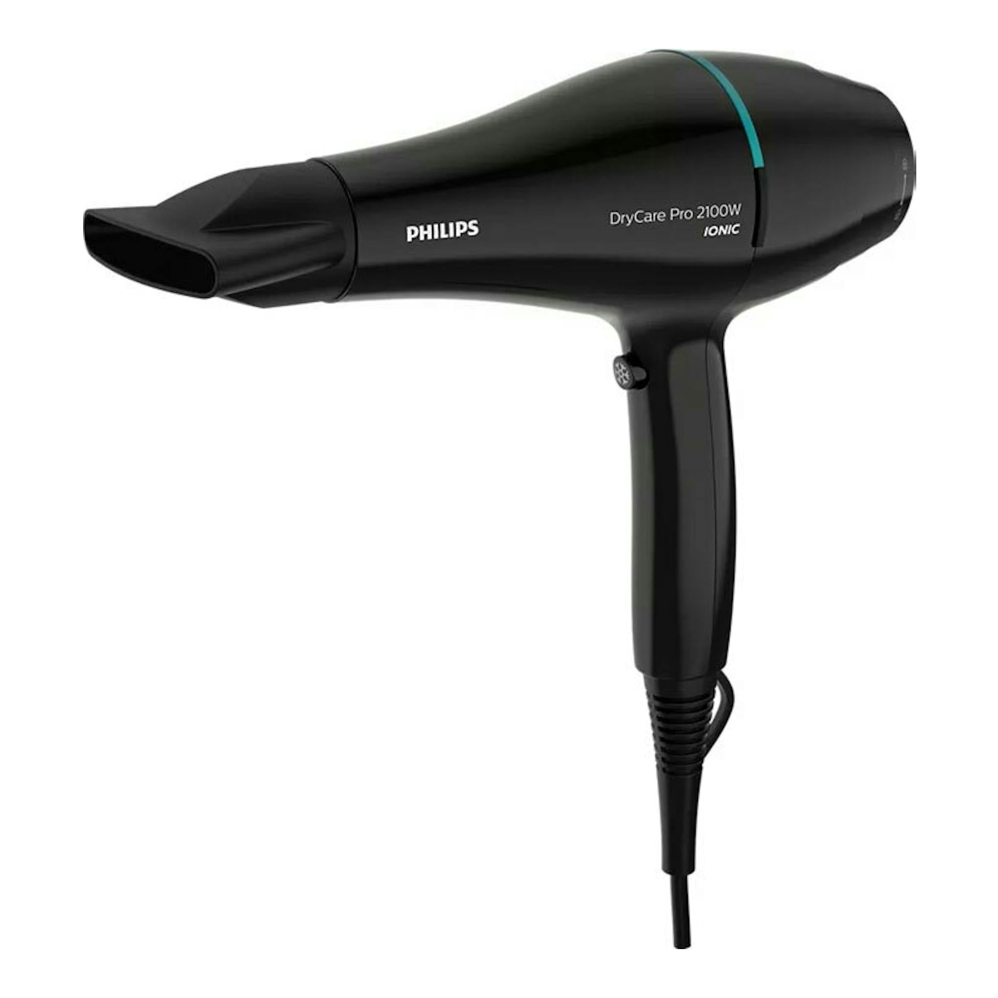 Secador Philips BHD272/00 negro, vista lateral, con boquilla concentradora y cable.