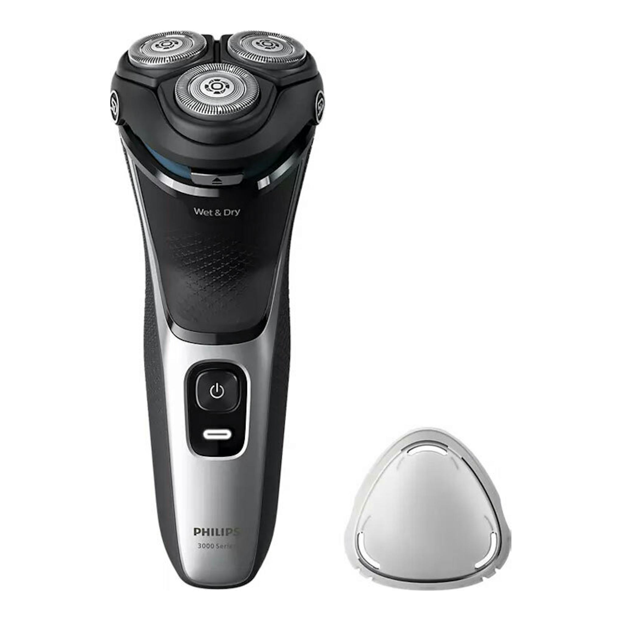 Afeitadora Philips S3143/00 negra y plateada, vista frontal, con tres cabezales y accesorio triangular.