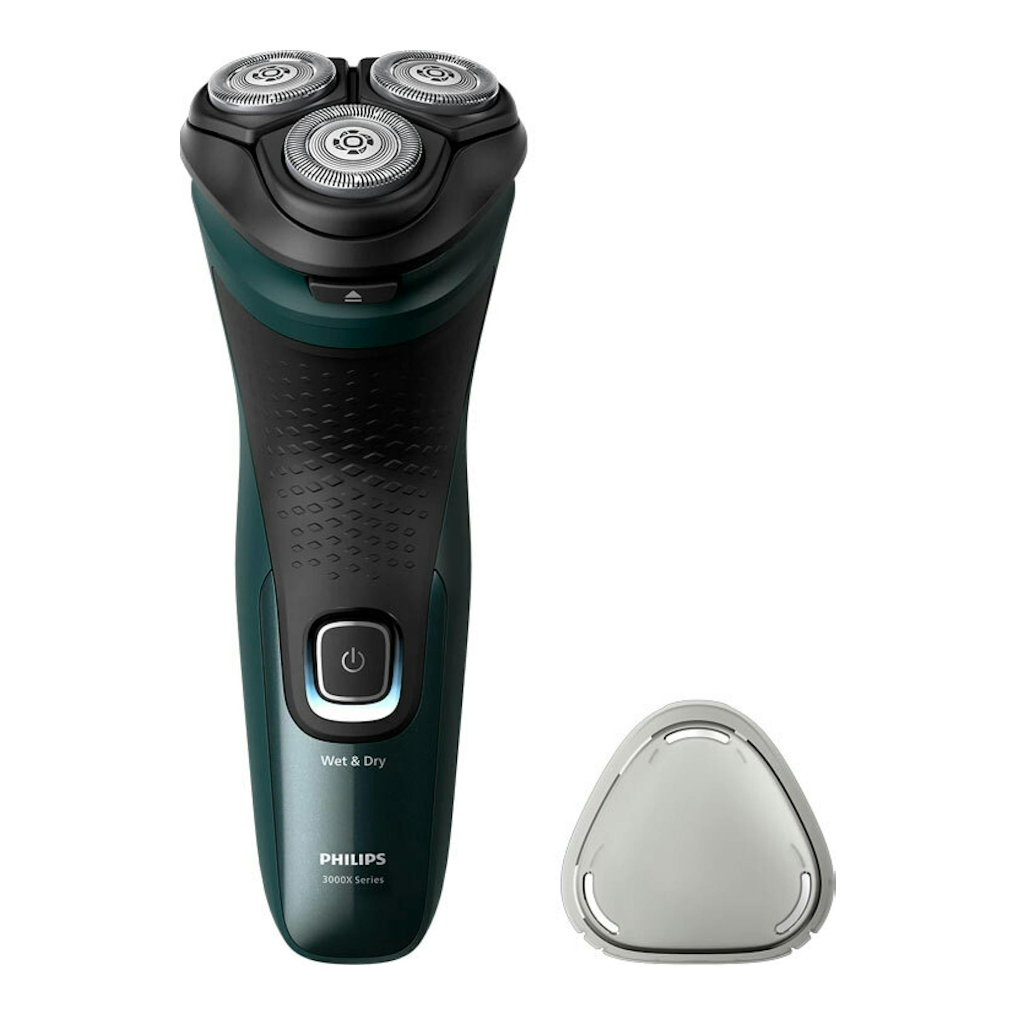 Afeitadora Philips X3052/00 negra y verde, vista frontal, con tres cabezales circulares y accesorio gris.