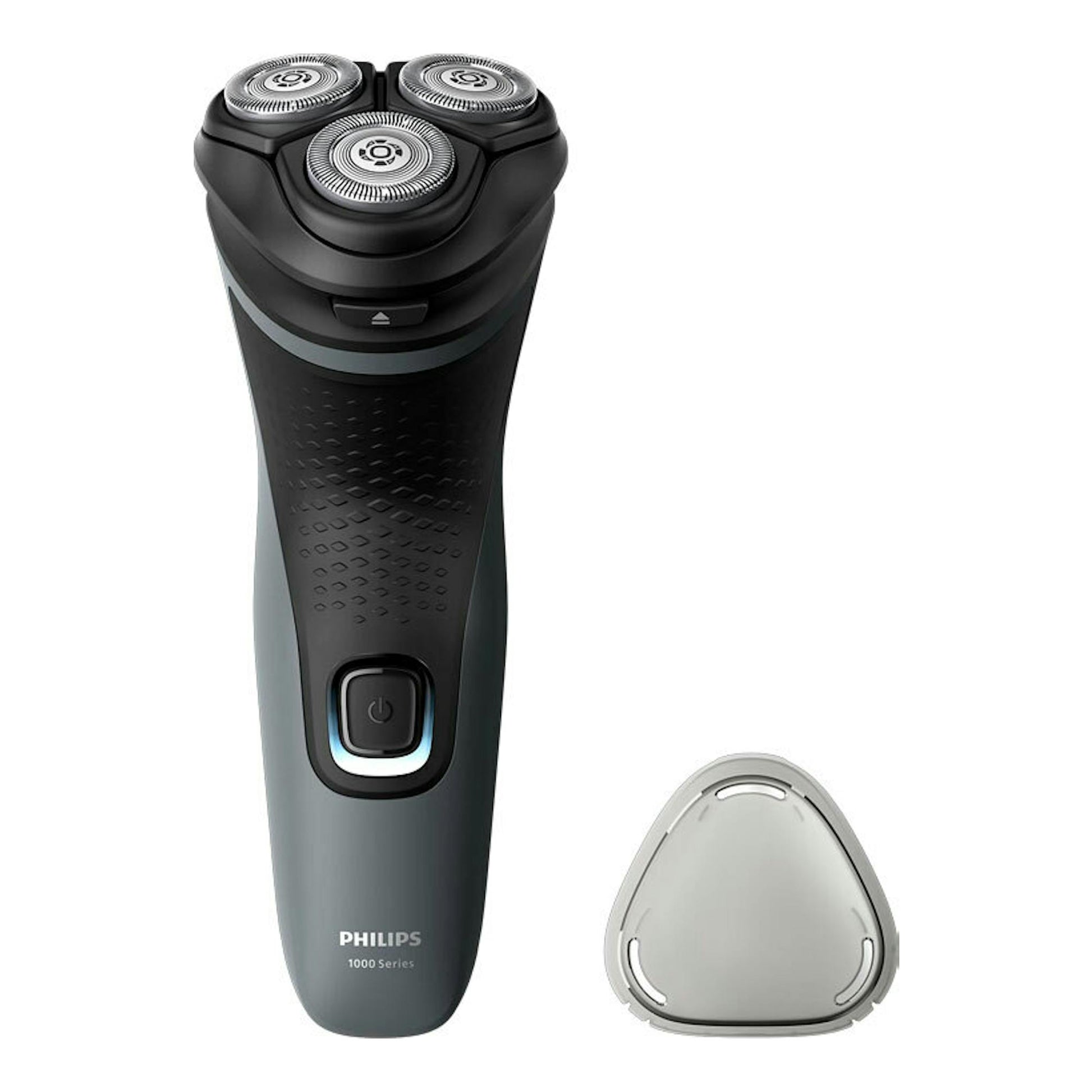 Afeitadora Philips S1142/00 negra, vista frontal, con cabezal de tres discos y tapa protectora gris.