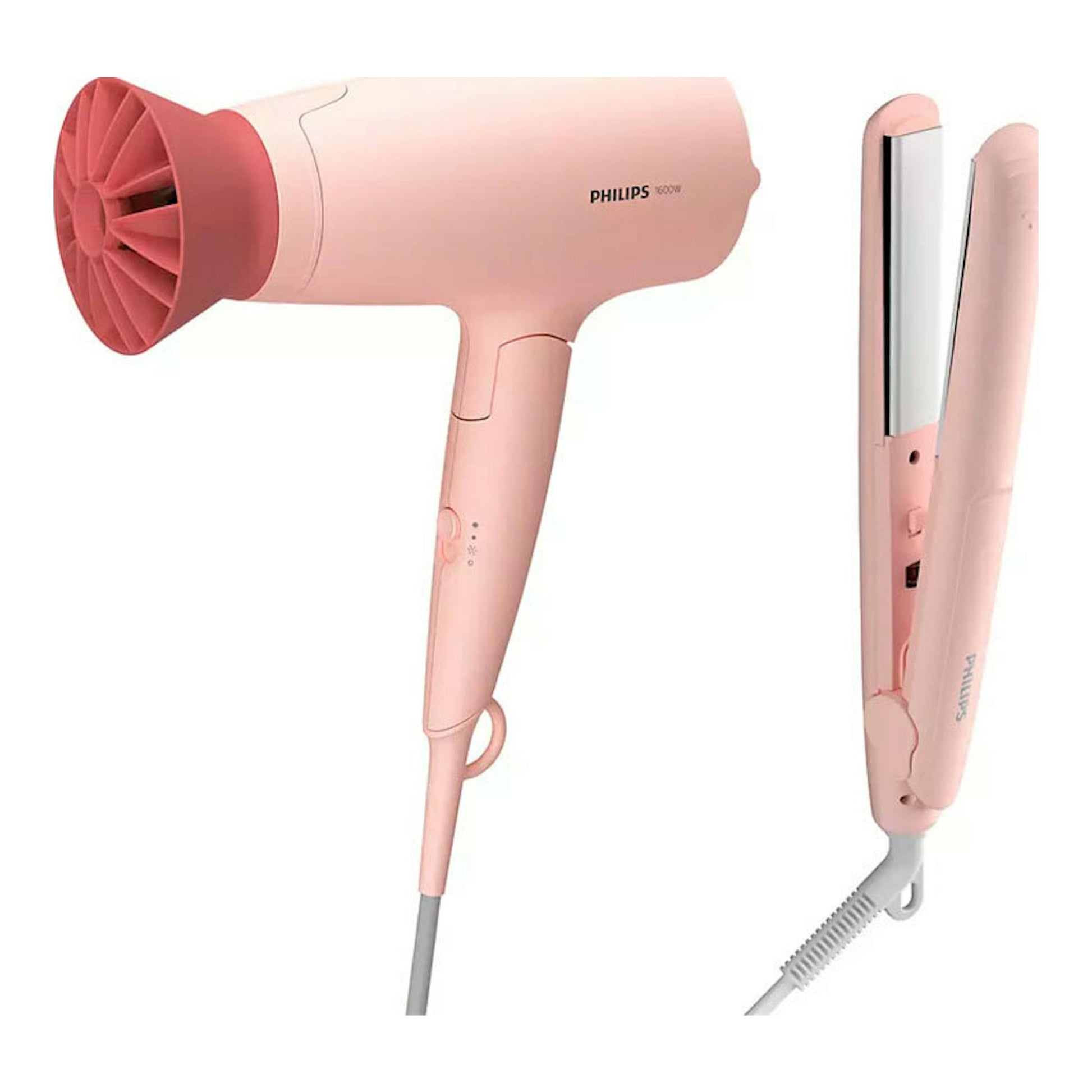 Pack viaje Philips BHP398/00: secador rosa y plancha alisadora rosa, vista frontal sobre fondo blanco.