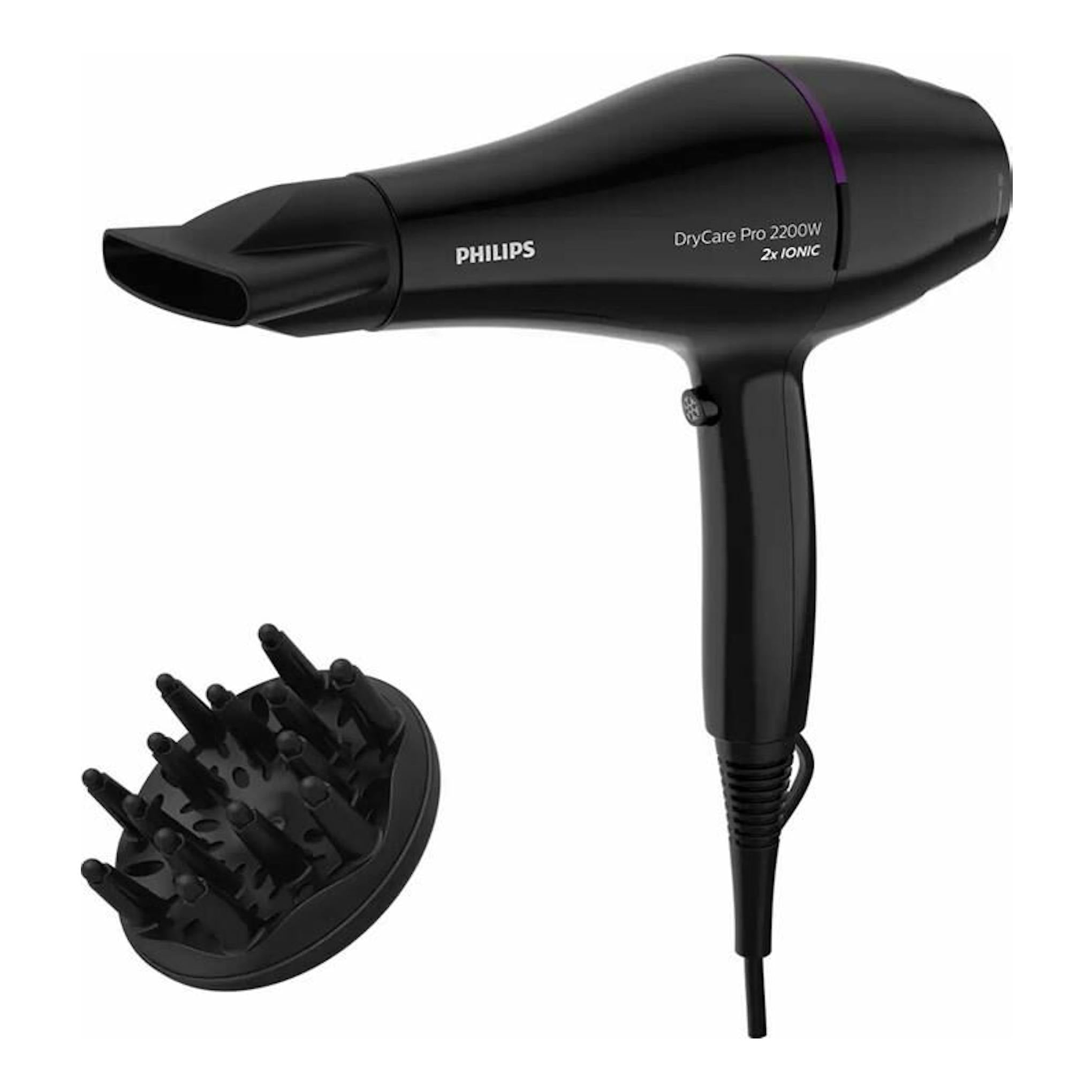 Secador Philips BHD274/00 negro con difusor, vista lateral.