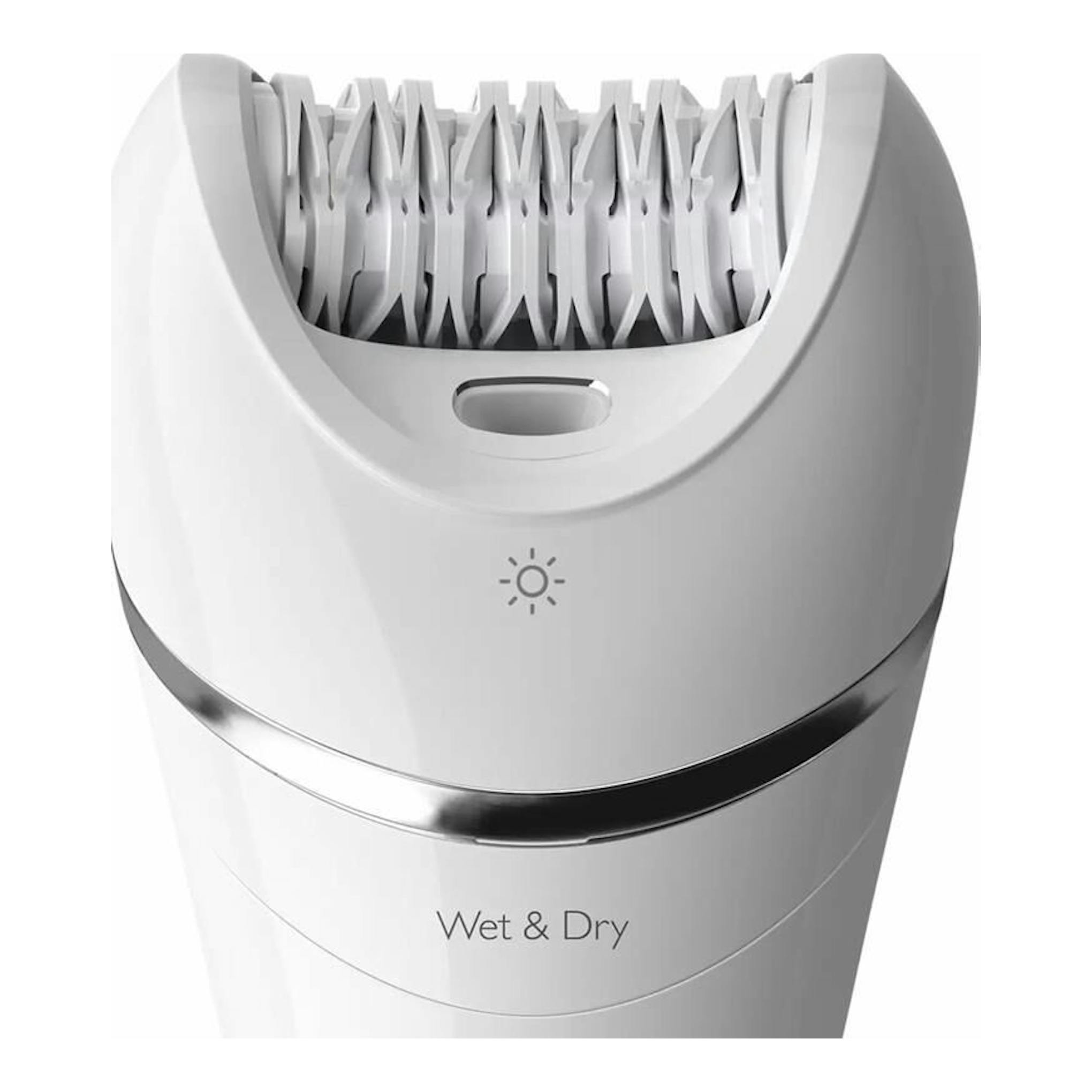 Depiladora Philips BRE710/00 blanca, vista frontal, con cabezal de pinzas y texto Wet & Dry.