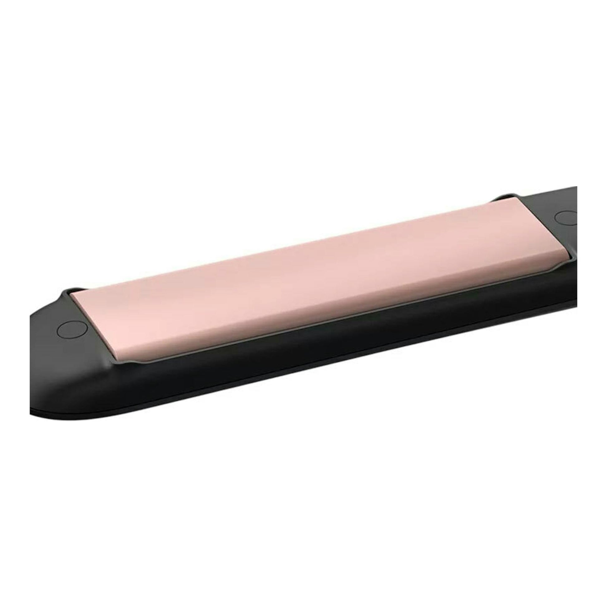 Plancha de pelo Philips BHS378/00 negra y rosa, vista diagonal sobre fondo blanco.