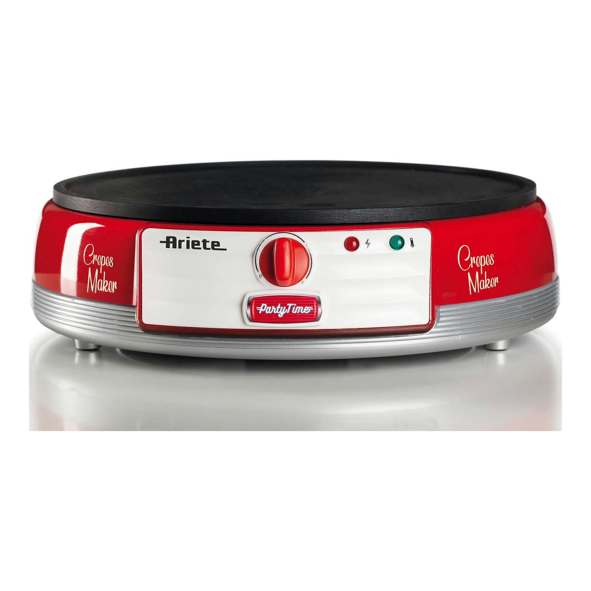 Crepera Ariete Party Time 0202/00, vista frontal, roja y plateada, con placa negra antiadherente.