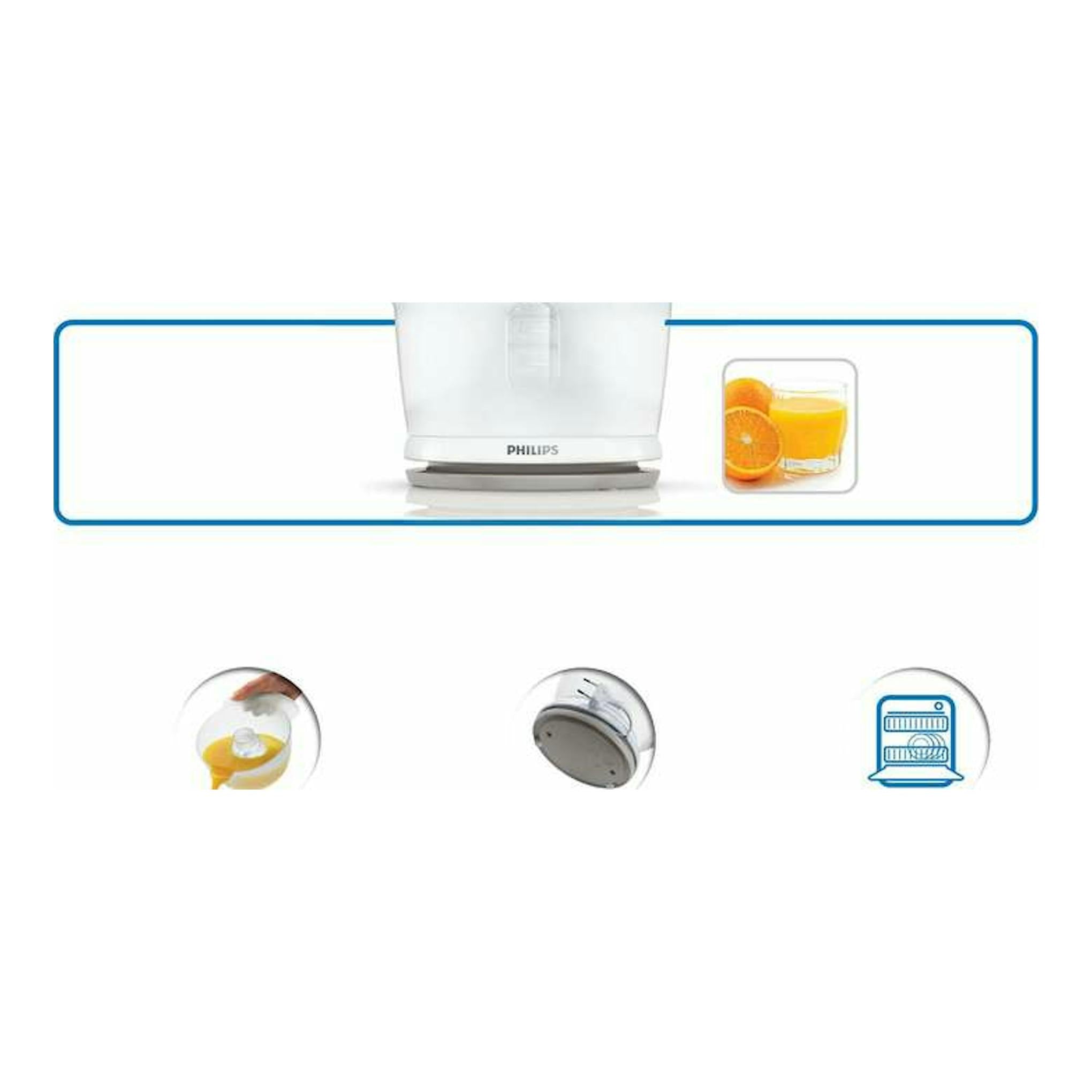 Exprimidor Philips HR2738/00 blanco, vista frontal, con vaso de zumo de naranja e iconos de uso.