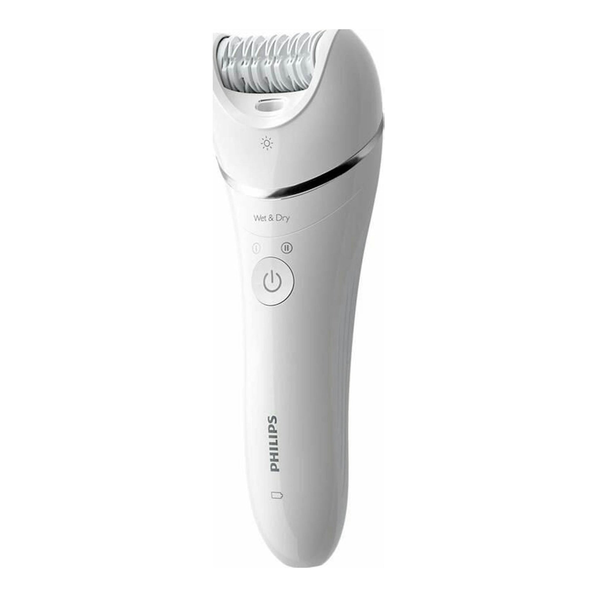 Depiladora Philips BRE710/00 blanca, vista frontal, con cabezal ancho y botón de encendido.