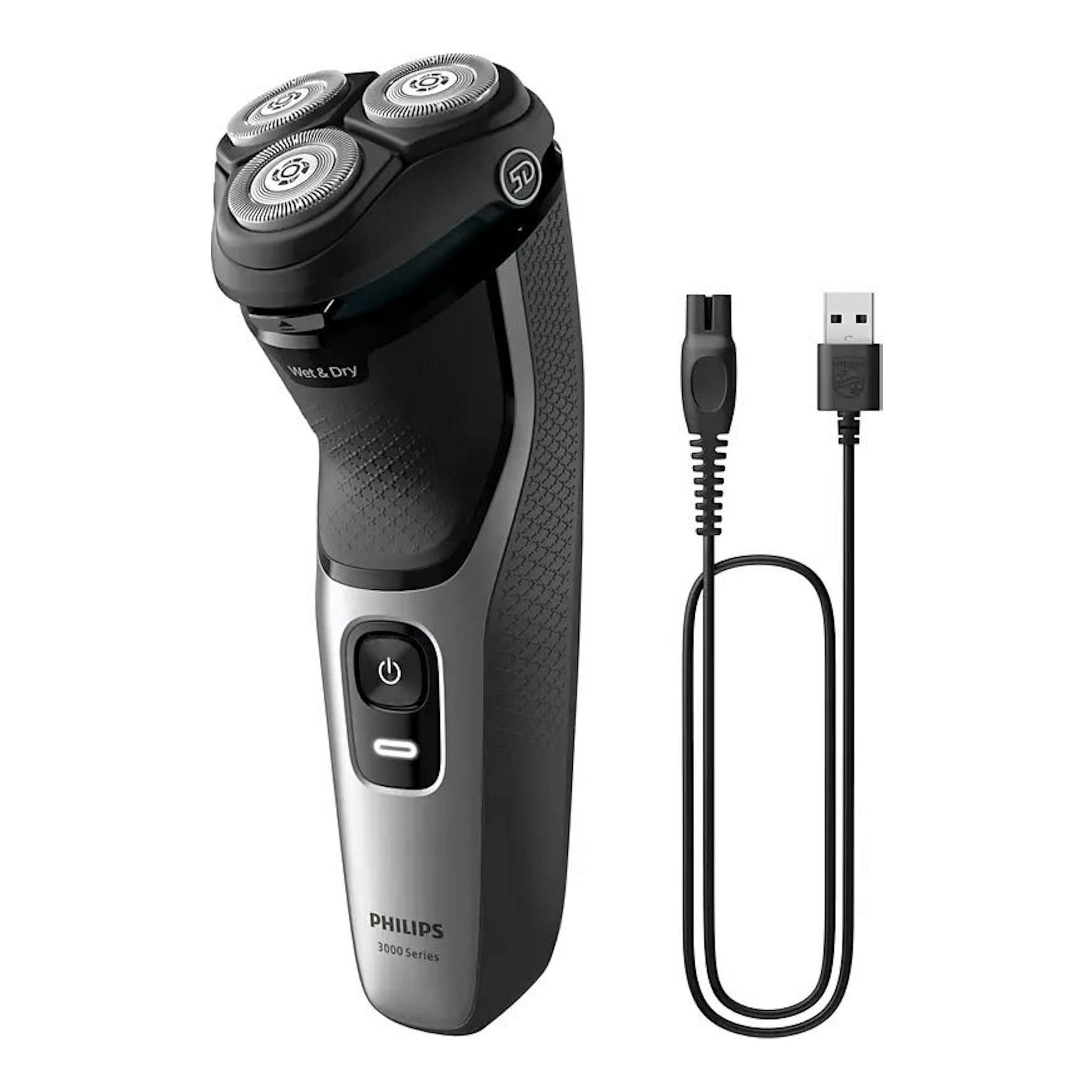 Afeitadora Philips 3000 Series S3143/00 negra y gris, vista frontal con cabezal de 3 cuchillas y cable USB.
