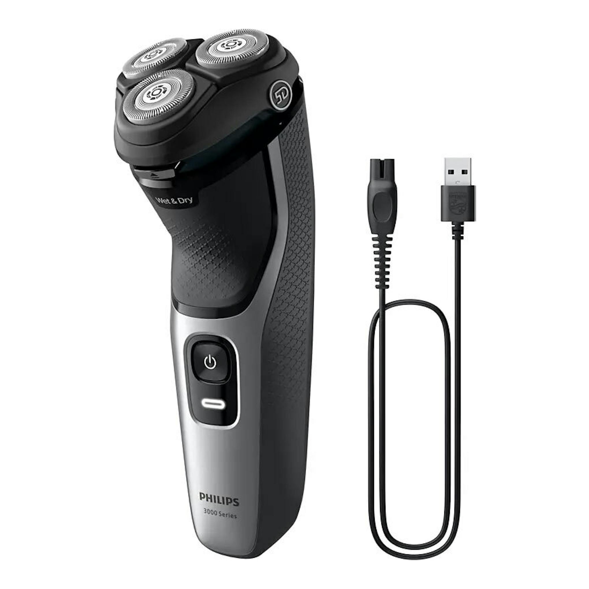 Afeitadora Philips 3000 Series S3143/00 negra y gris, vista frontal con cabezal de 3 cuchillas y cable USB.