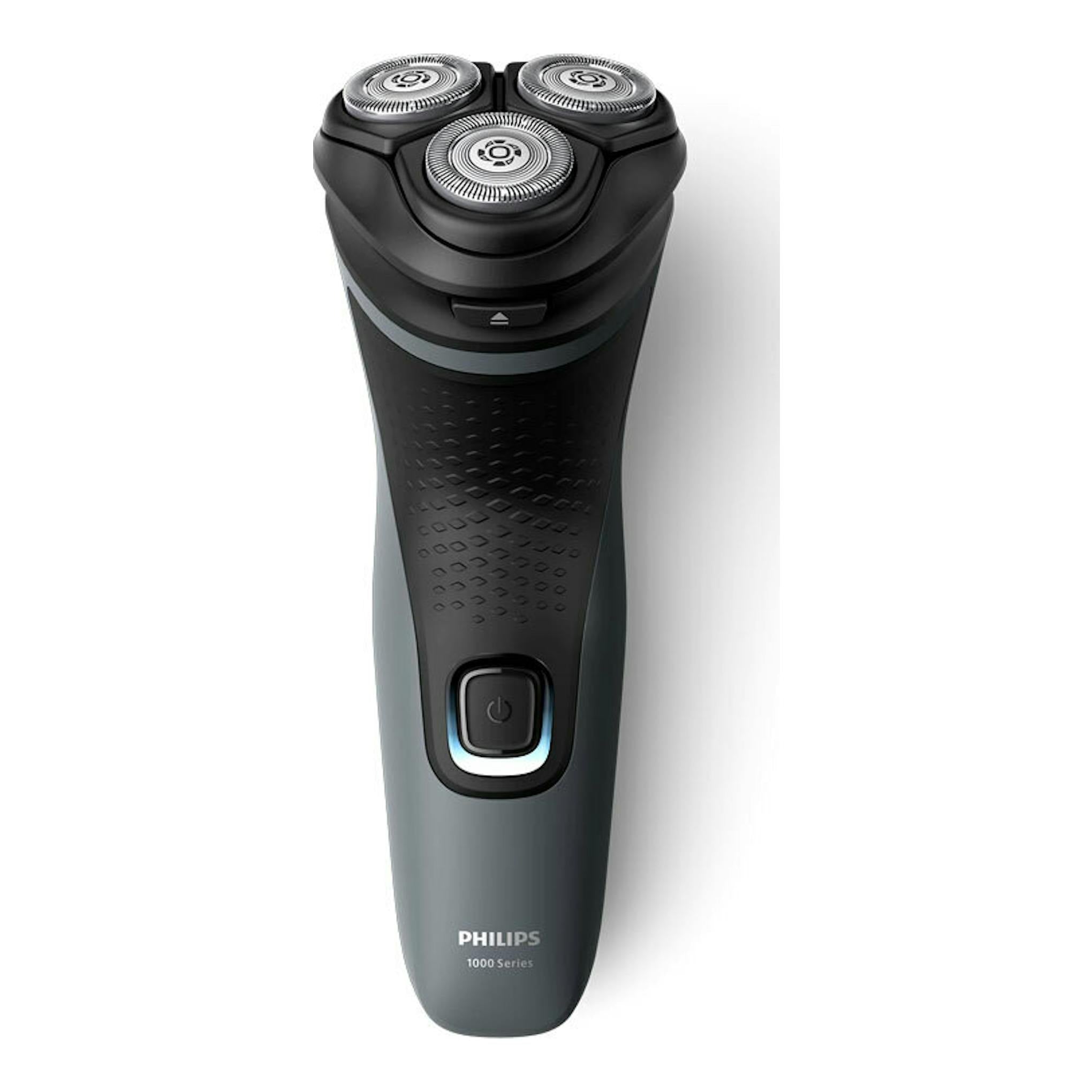 Afeitadora Philips S1142/00 negra, vista frontal, con tres cabezales rotatorios y botón de encendido.