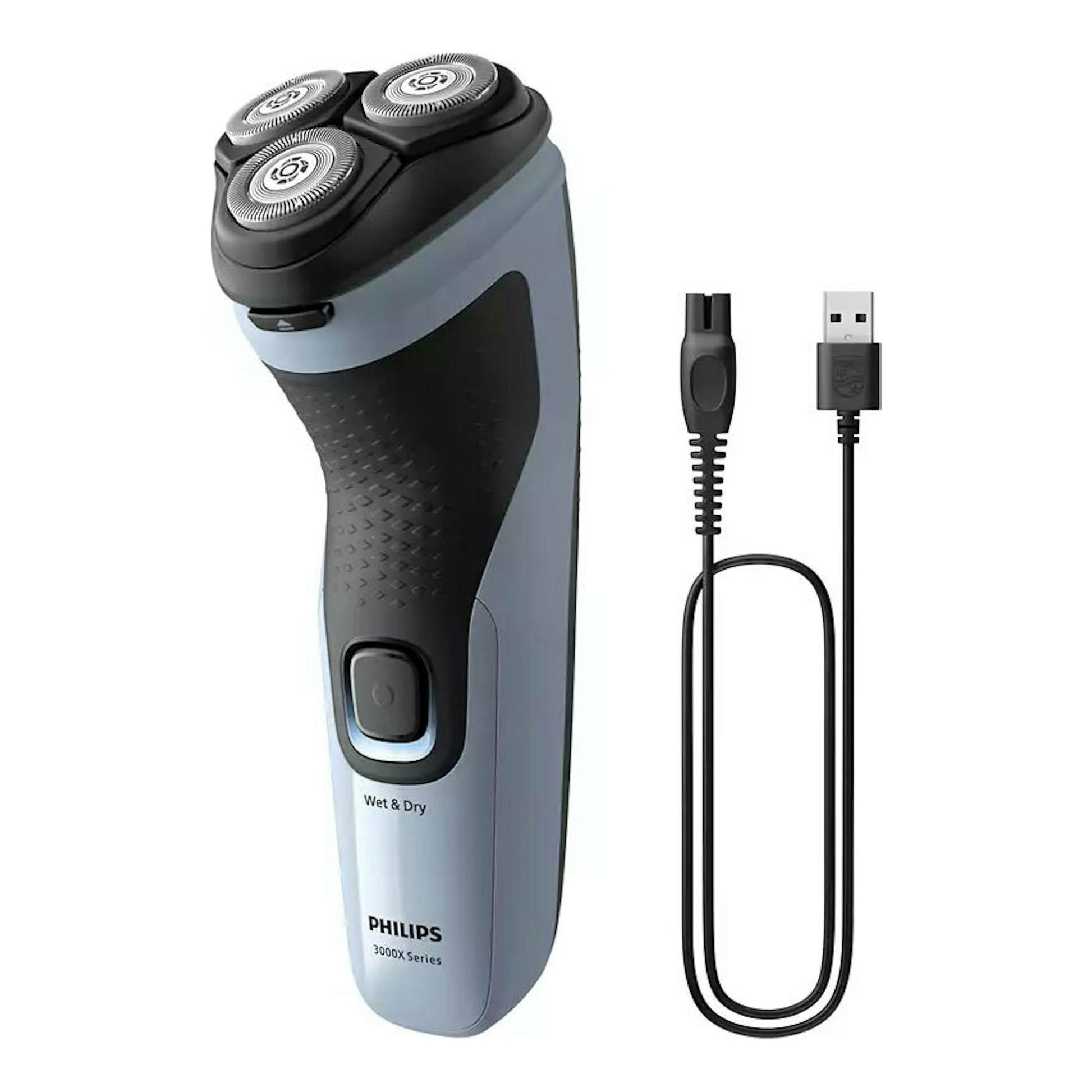 Afeitadora Philips X3003/00 gris y negra, vista frontal en ángulo, con tres cabezales y cable USB.