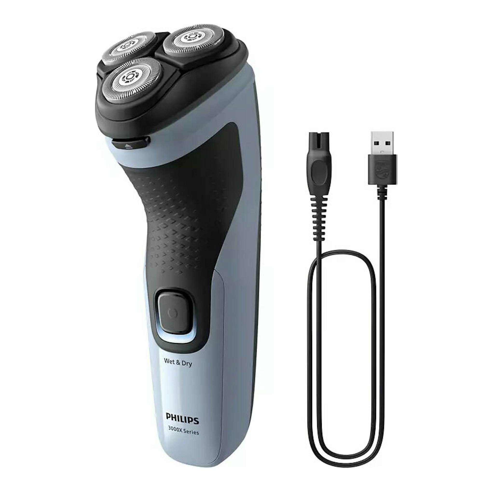 Afeitadora Philips X3003/00 gris y negra, vista frontal en ángulo, con tres cabezales y cable USB.