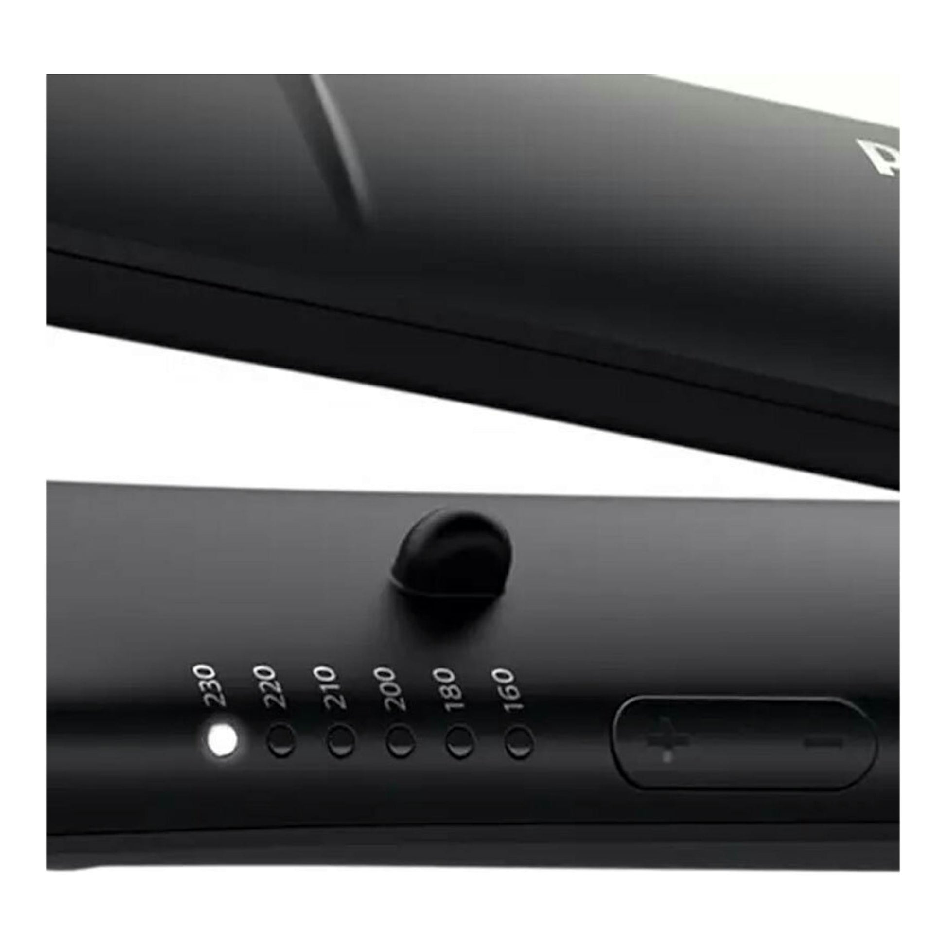Plancha de pelo Philips BHS378/00 negra, vista en primer plano con controles de temperatura y botón +/−
