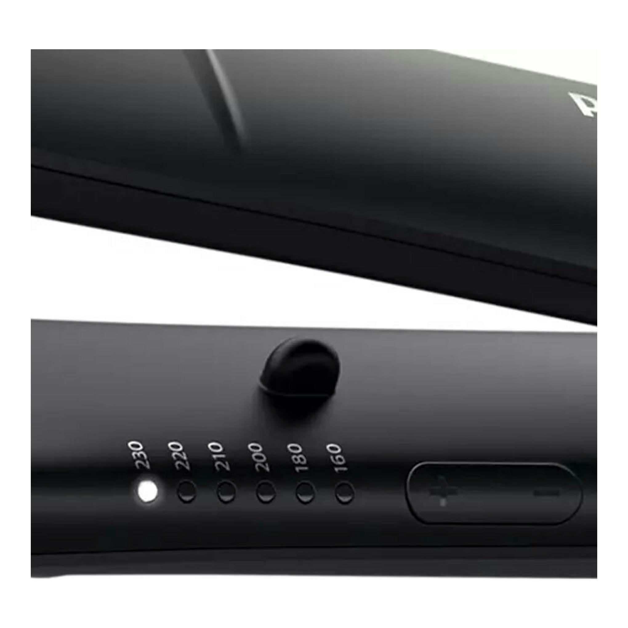 Plancha de pelo Philips BHS378/00 negra, vista en primer plano con controles de temperatura y botón +/−