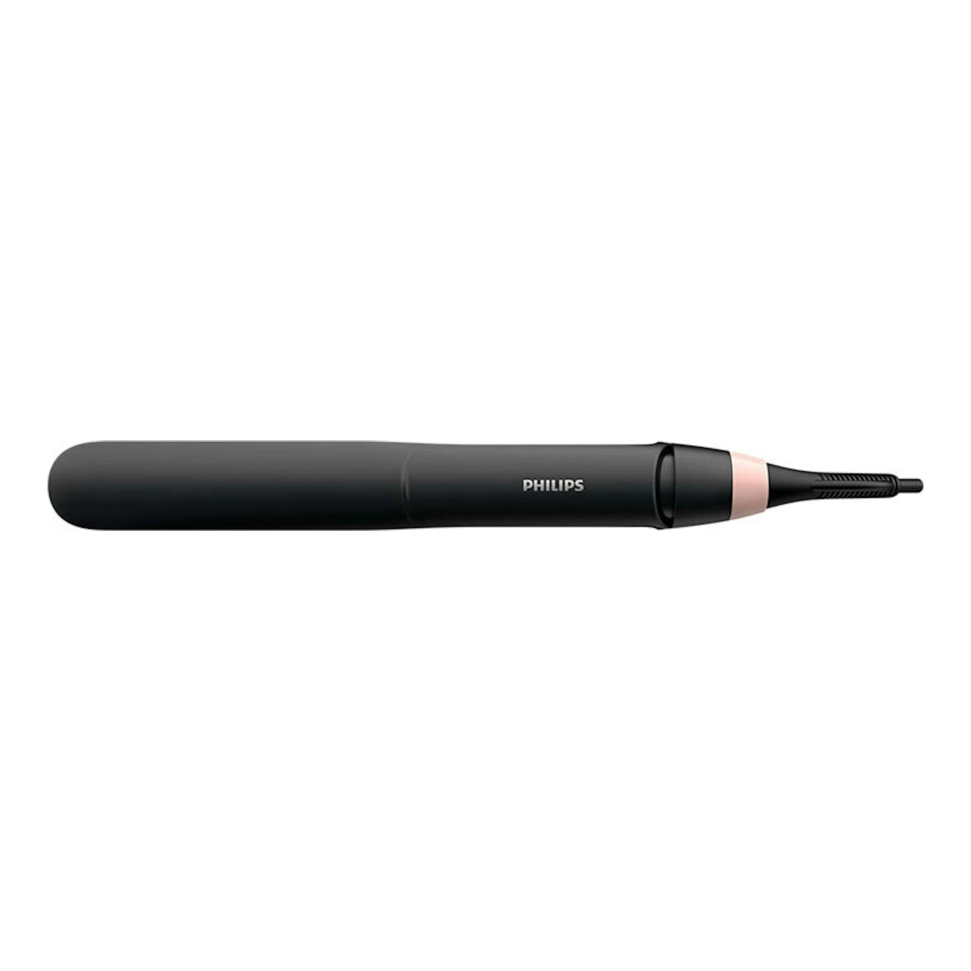 Plancha de pelo Philips BHS378/00 negra, vista lateral sobre fondo blanco.
