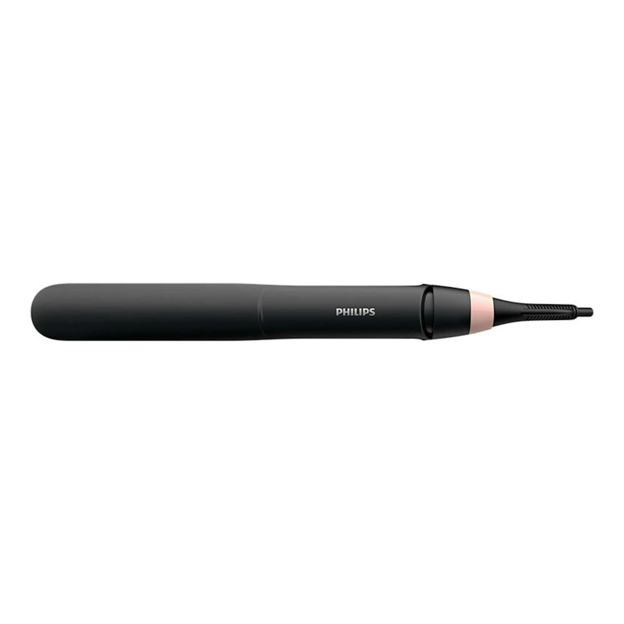 Plancha de pelo Philips BHS378/00 negra, vista lateral sobre fondo blanco.