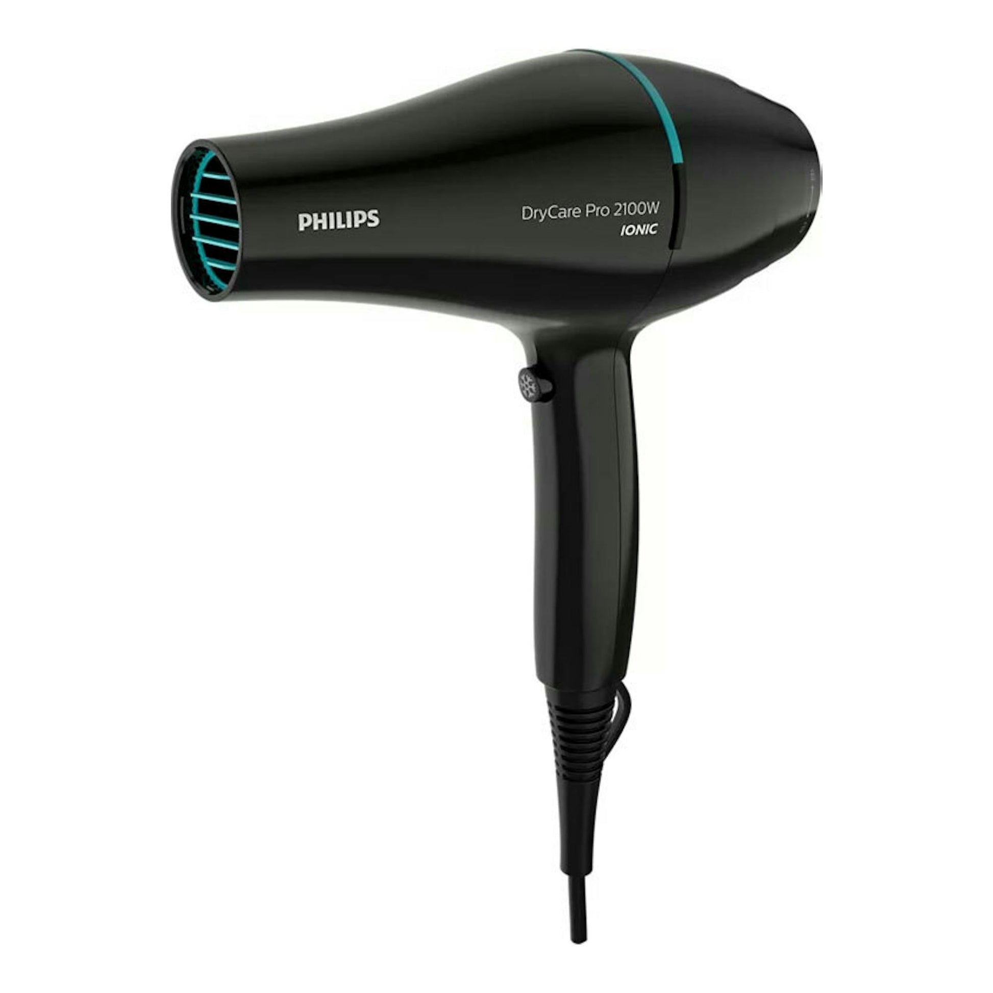 Secador Philips BHD272/00 negro, vista lateral, con detalles turquesa y cable de alimentación.