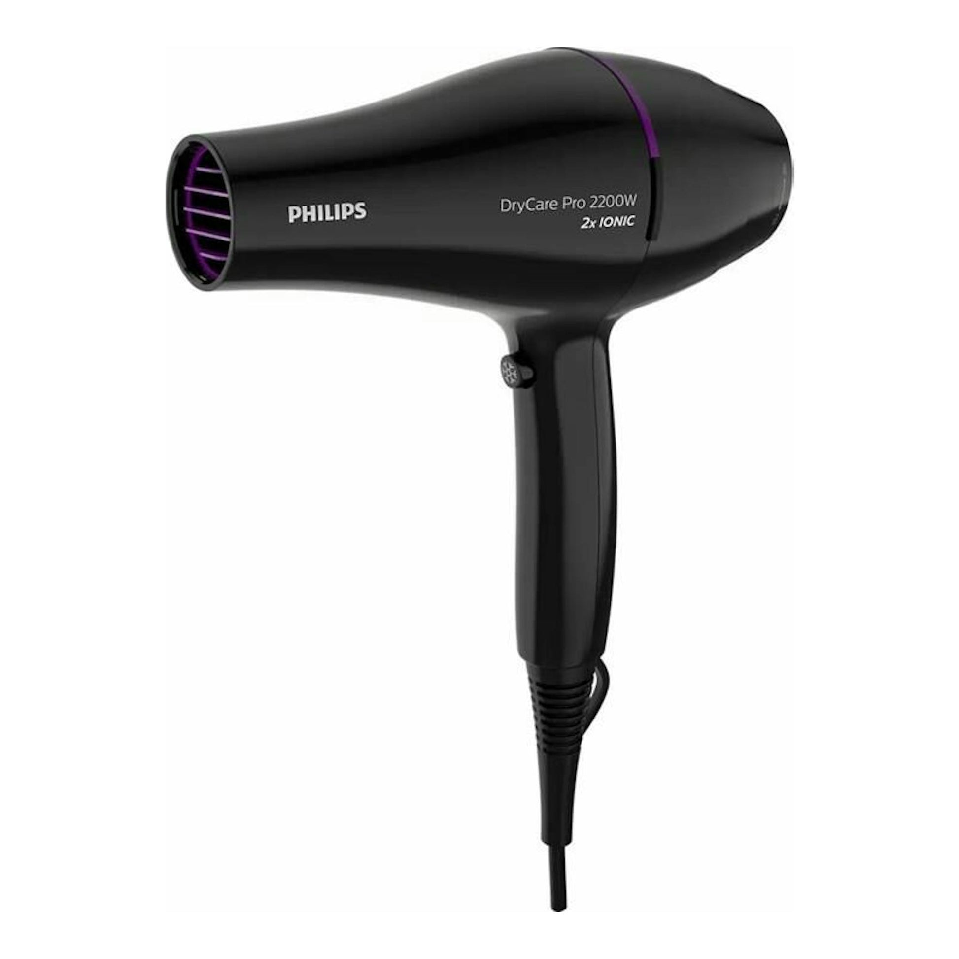 Secador Philips BHD274/00 negro, vista lateral, con detalles morados y cable visible.