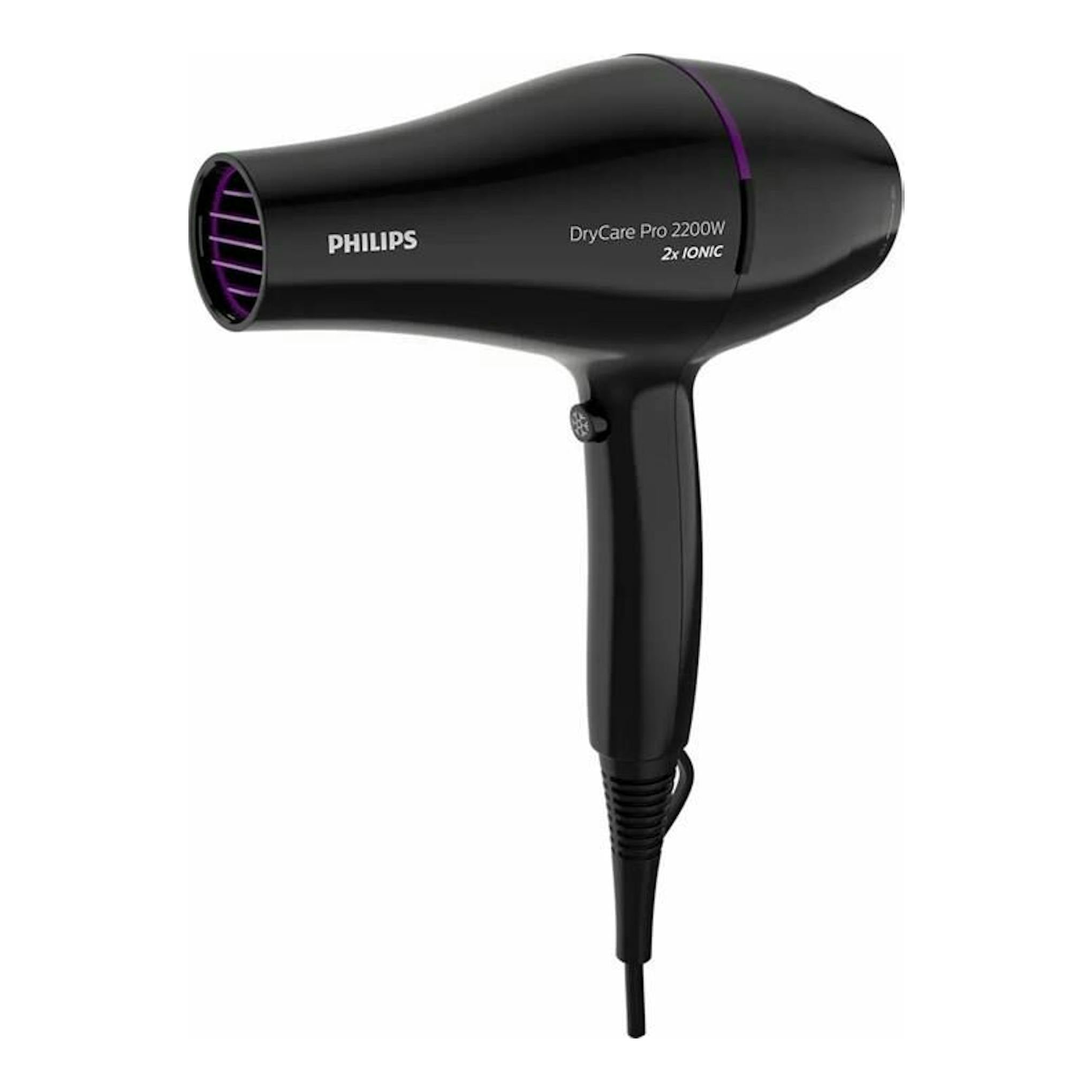 Secador Philips BHD274/00 negro, vista lateral, con detalles morados y cable visible.
