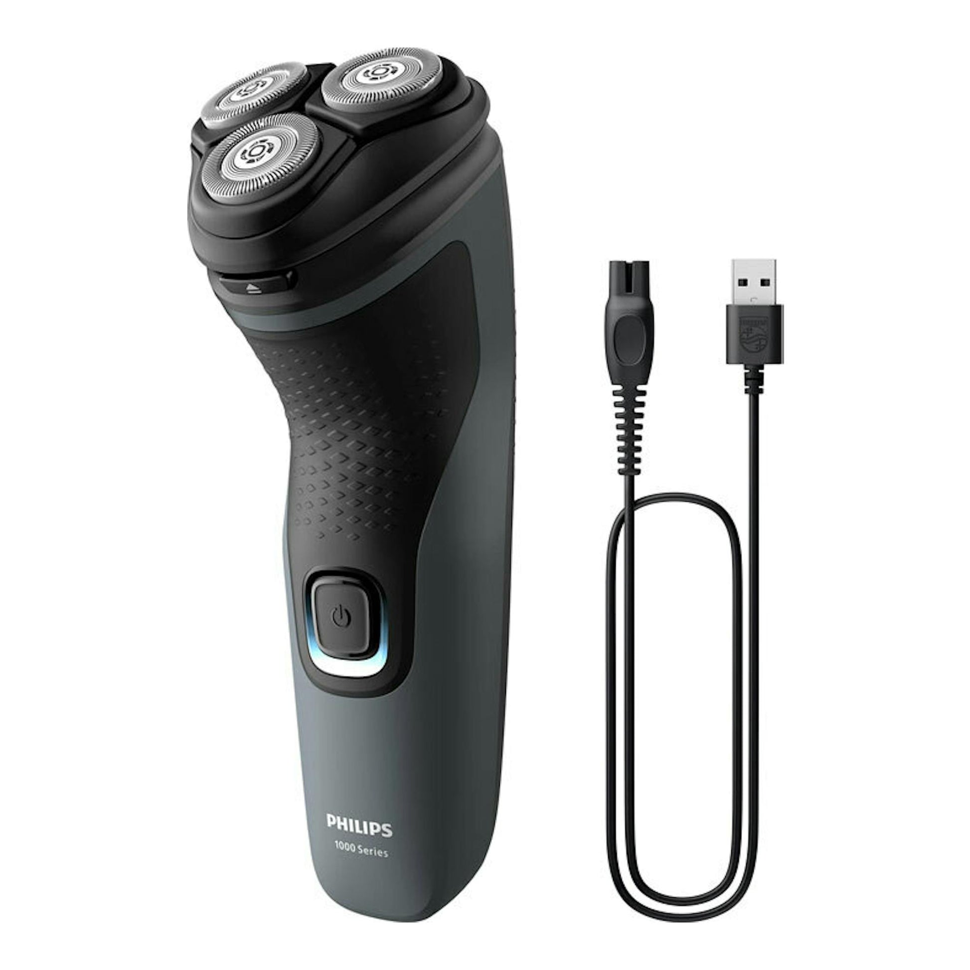 Afeitadora Philips S1142/00 negra, vista frontal en ángulo, con cable USB de carga a la derecha.