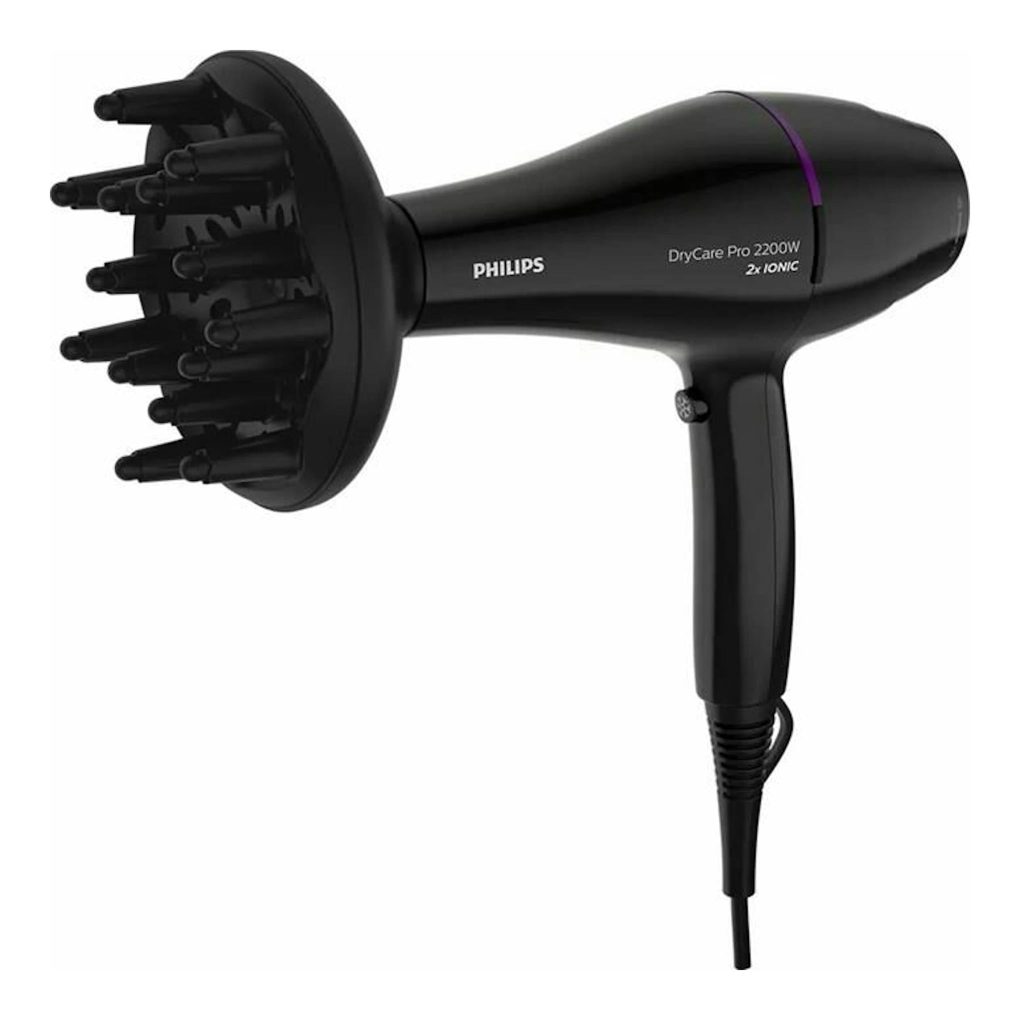 Secador Philips BHD274/00 negro, vista lateral, con difusor y detalle morado.