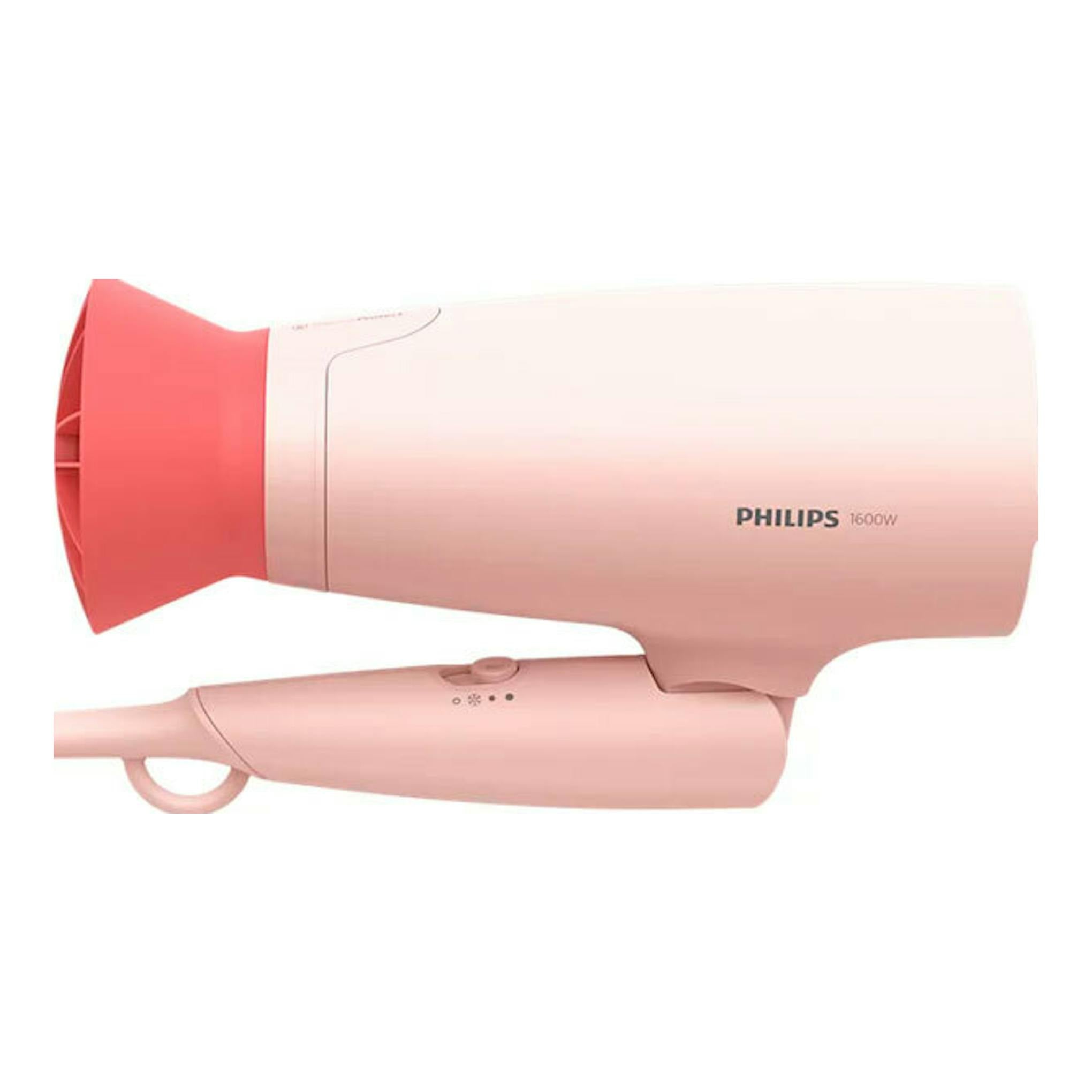 Pack de viaje Philips BHP398/00: secador rosa en vista lateral con boquilla roja y mango plegable.