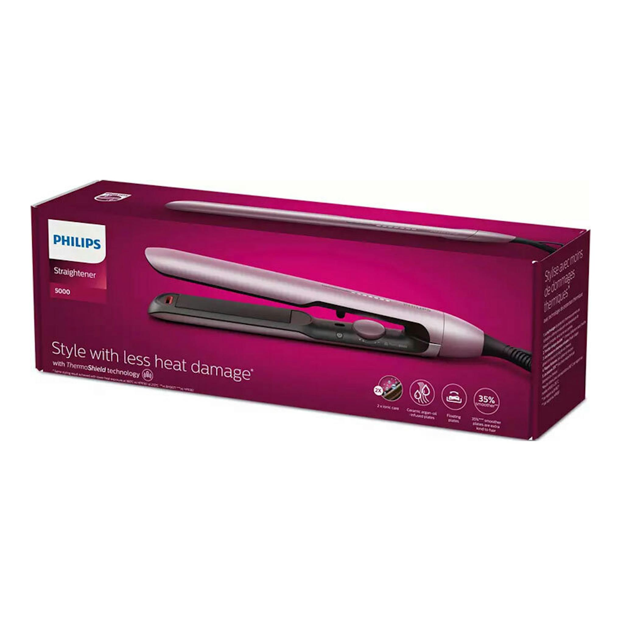 Caja de plancha de pelo Philips BHS530/00, color fucsia, vista en perspectiva con la plancha en el frontal.