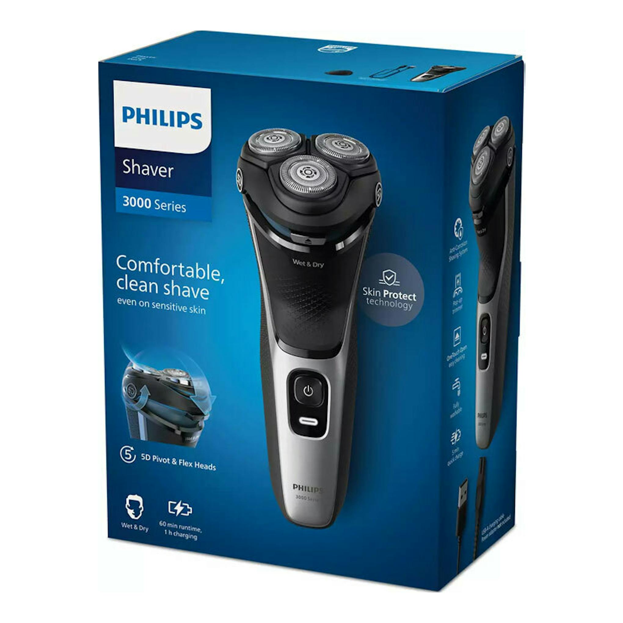 Caja de afeitadora Philips Shaver 3000 Series S3143/00, vista frontal en ángulo, azul y negro.