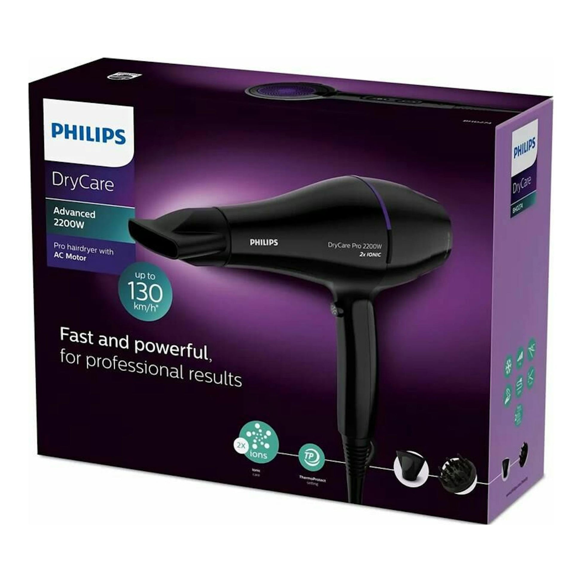 Caja de secador Philips DryCare Pro 2200 BHD274/00, vista frontal en color morado con secador negro.