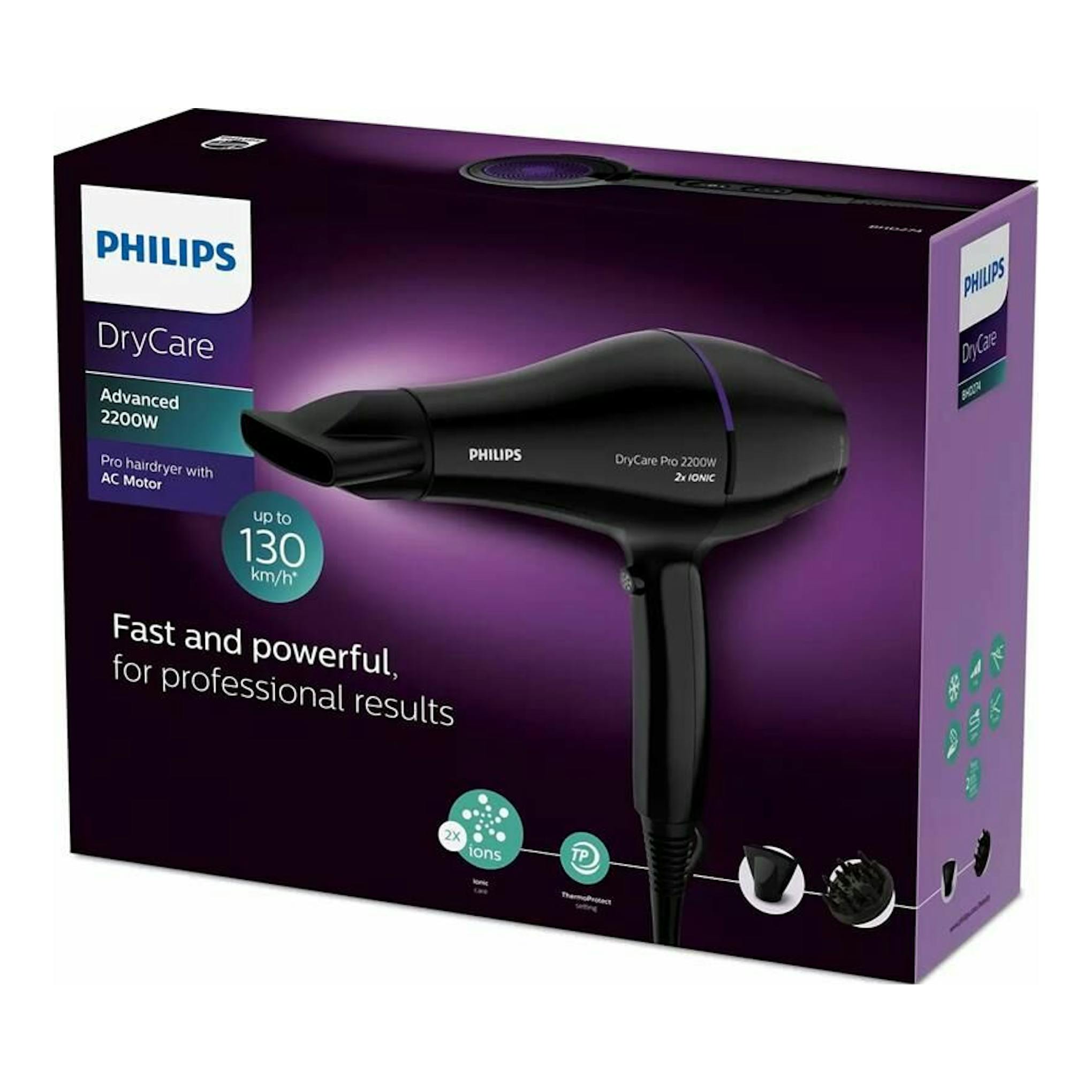Caja de secador Philips DryCare Pro 2200 BHD274/00, vista frontal en color morado con secador negro.