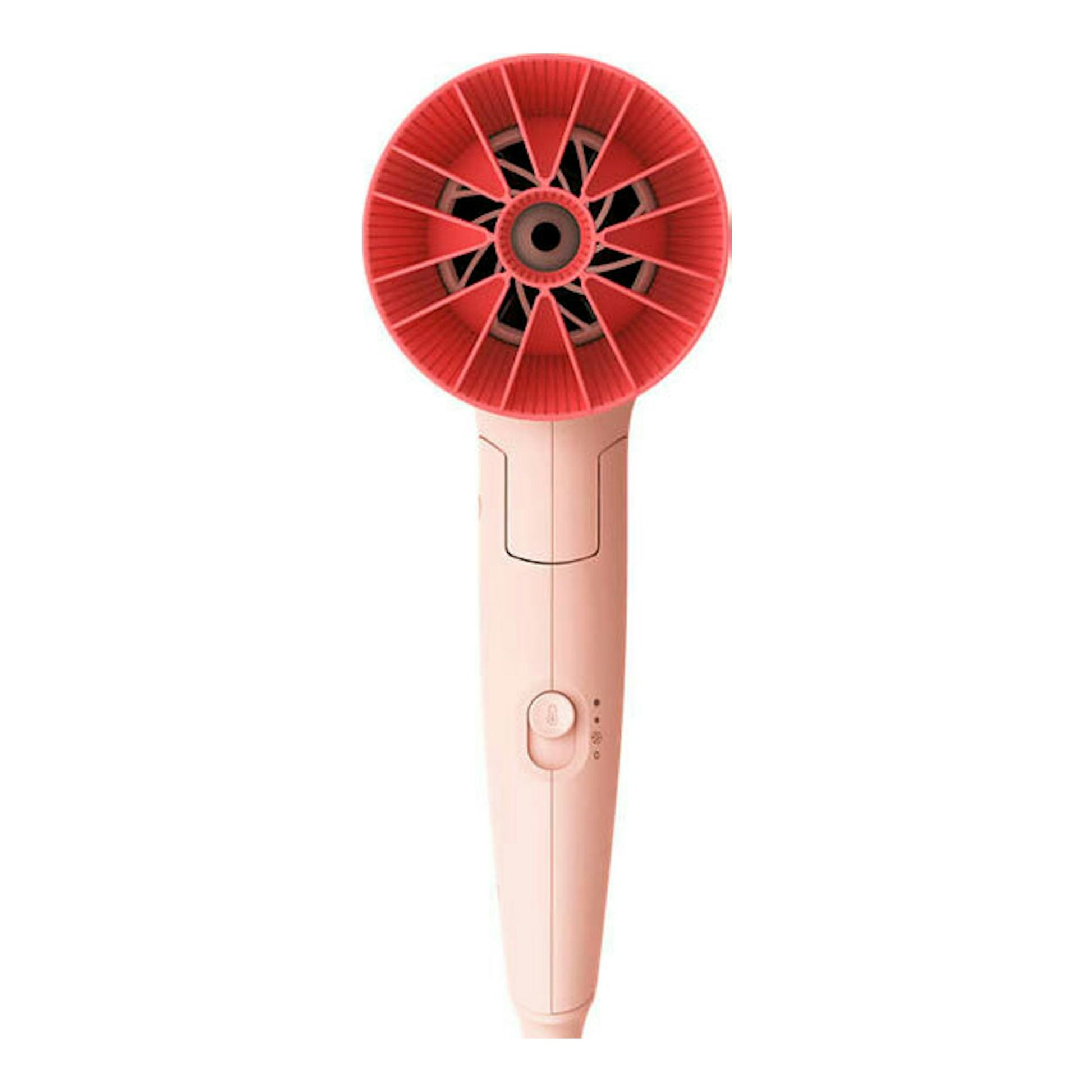 Secador de pelo Philips BHP398/00 rosa, vista frontal, con boquilla circular roja.