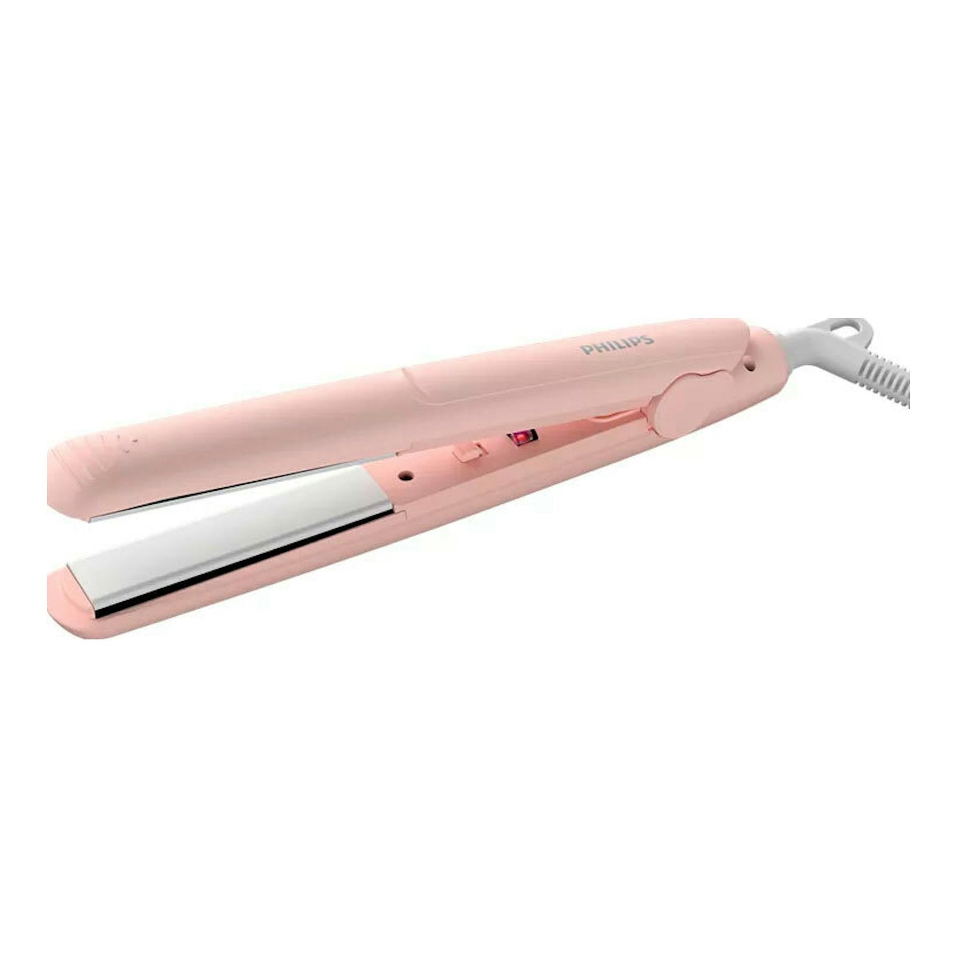Plancha alisadora Philips BHP398/00 rosa, vista lateral, con cable.
