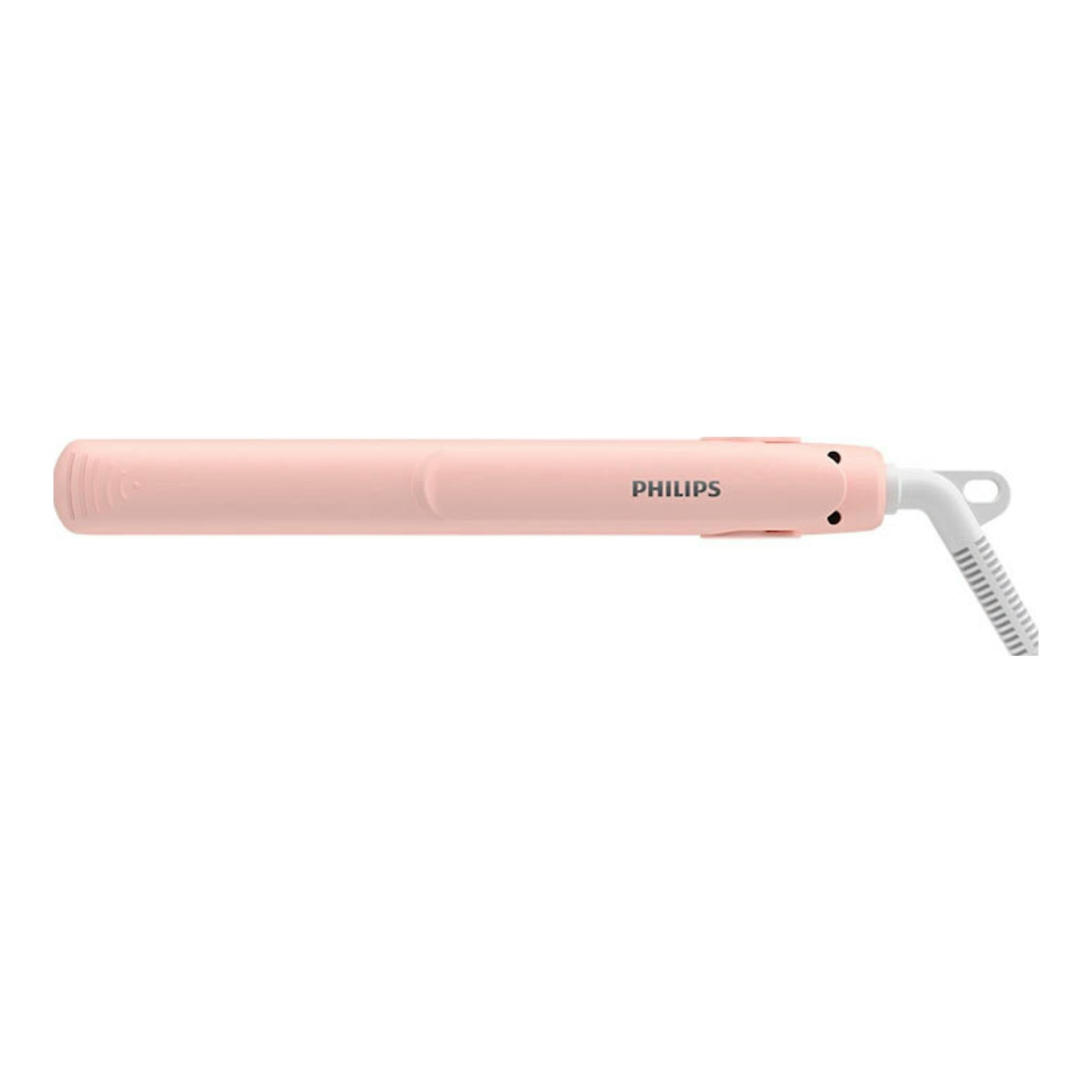 Plancha de viaje Philips BHP398/00 rosa, vista lateral, con cable blanco