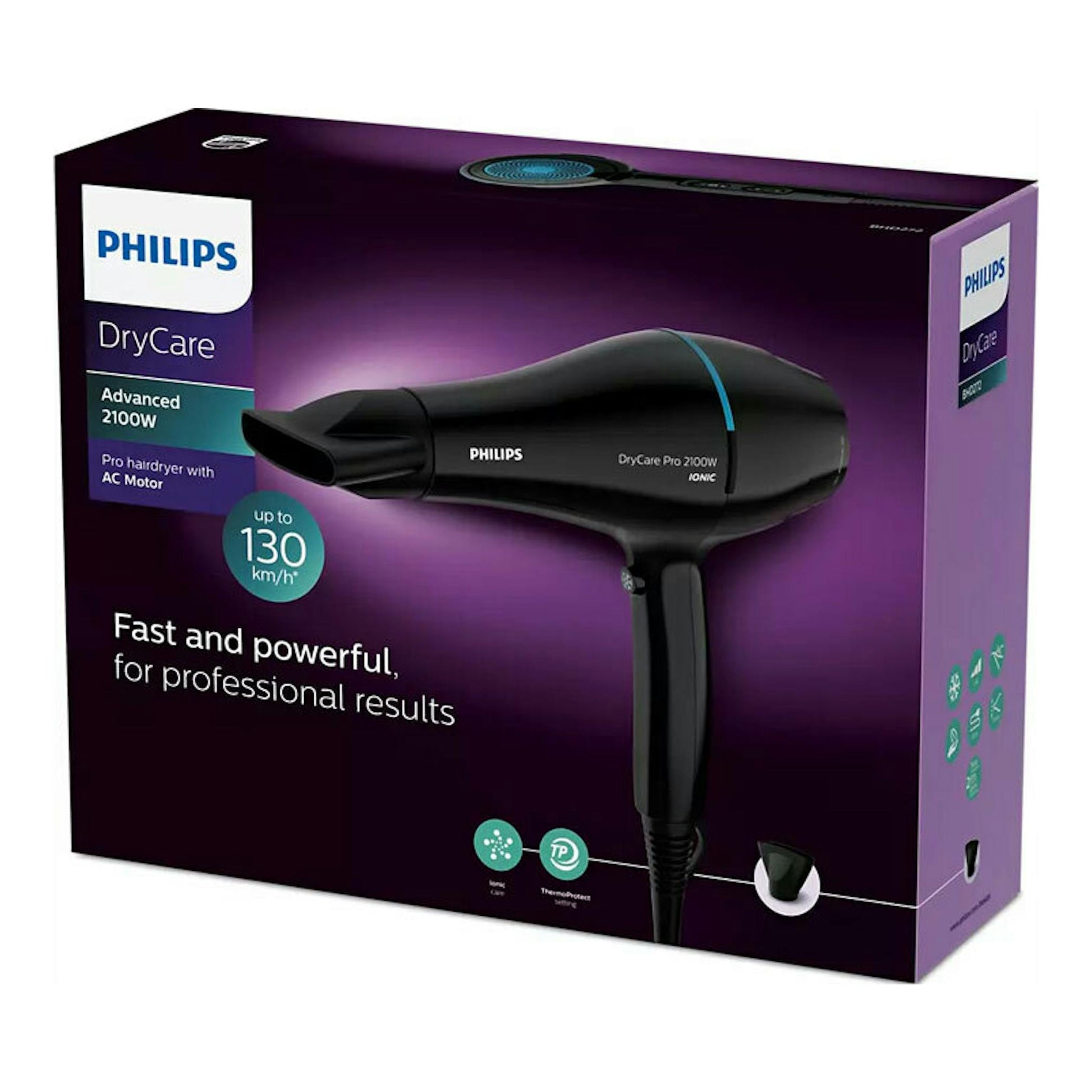 Caja del secador Philips BHD272/00 DryCare Pro 2100W, en negro, vista frontal sobre fondo morado.
