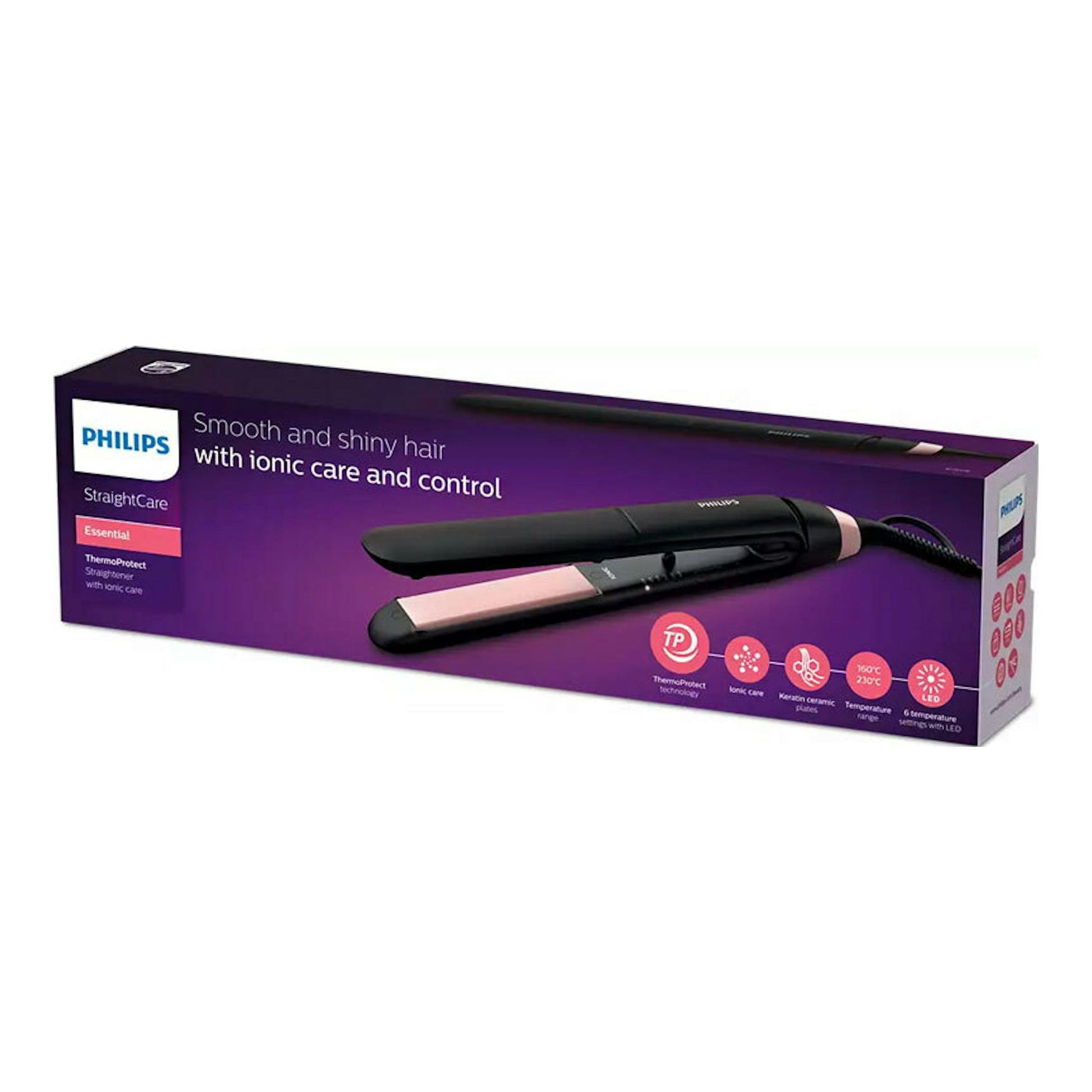 Caja de plancha de pelo Philips StraightCare BHS378/00, vista en perspectiva, color morado con plancha negra y rosa.
