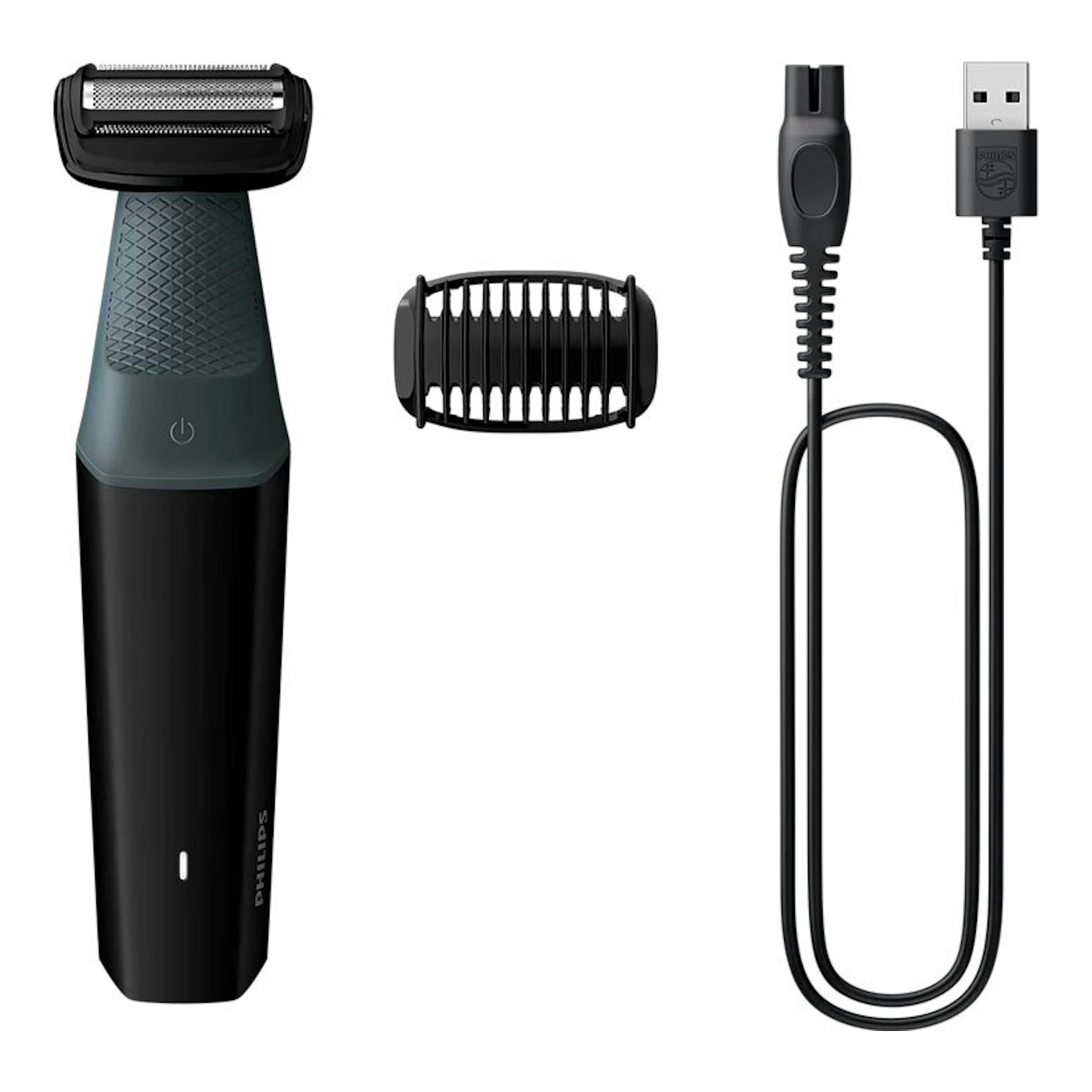 Afeitadora Philips BG3017/01 negra y gris, vista frontal, con peine guía y cable USB.