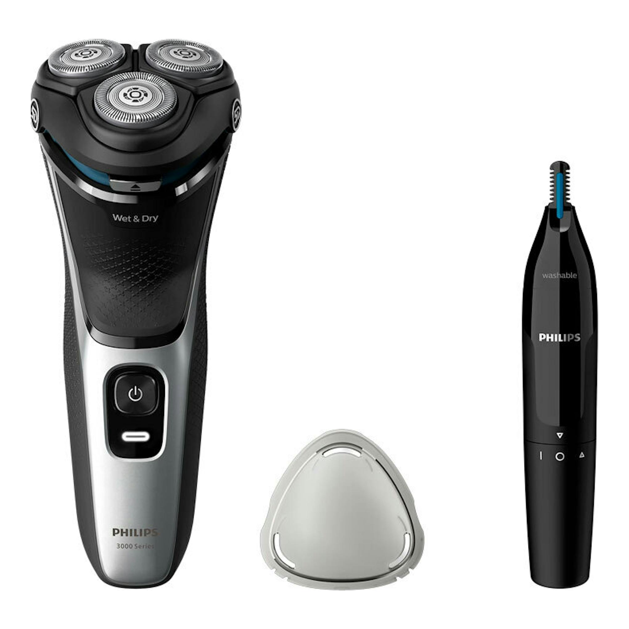 Afeitadora Philips S3143/02 negra y plateada, vista frontal, con recortador nasal y tapa protectora.