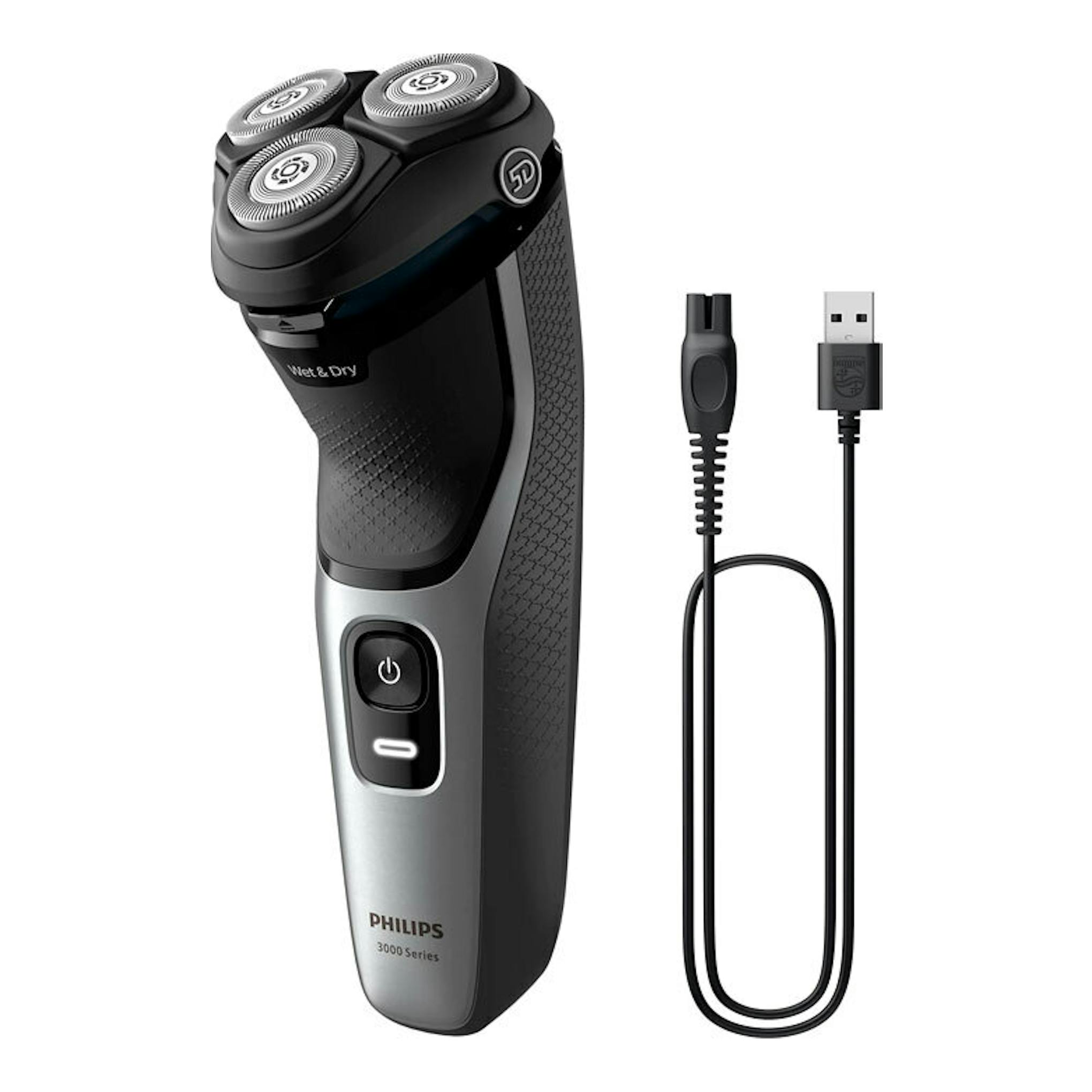 Afeitadora Philips S3143/02 negra y plata, vista frontal, con cable de carga USB.