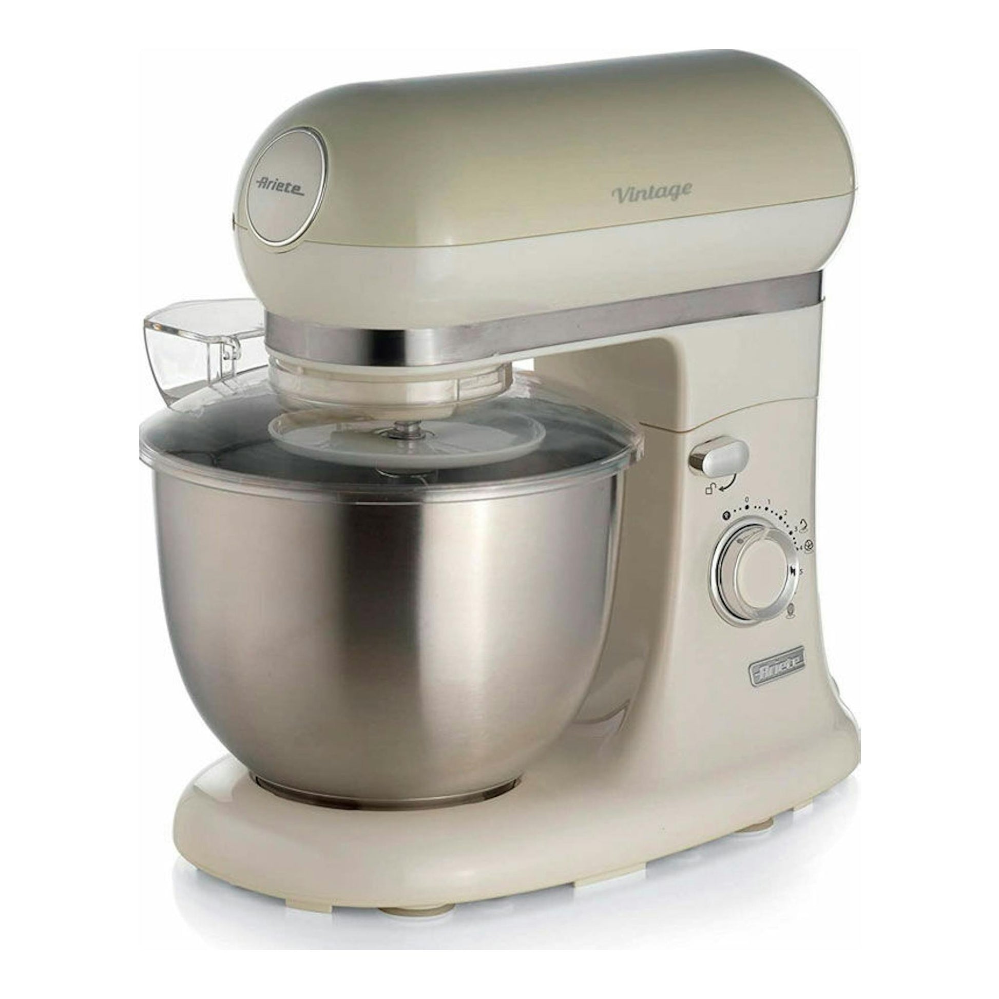Robot amasador Ariete Vintage Beige 1588/03, vista frontal izquierda, con bol y tapa transparentes.