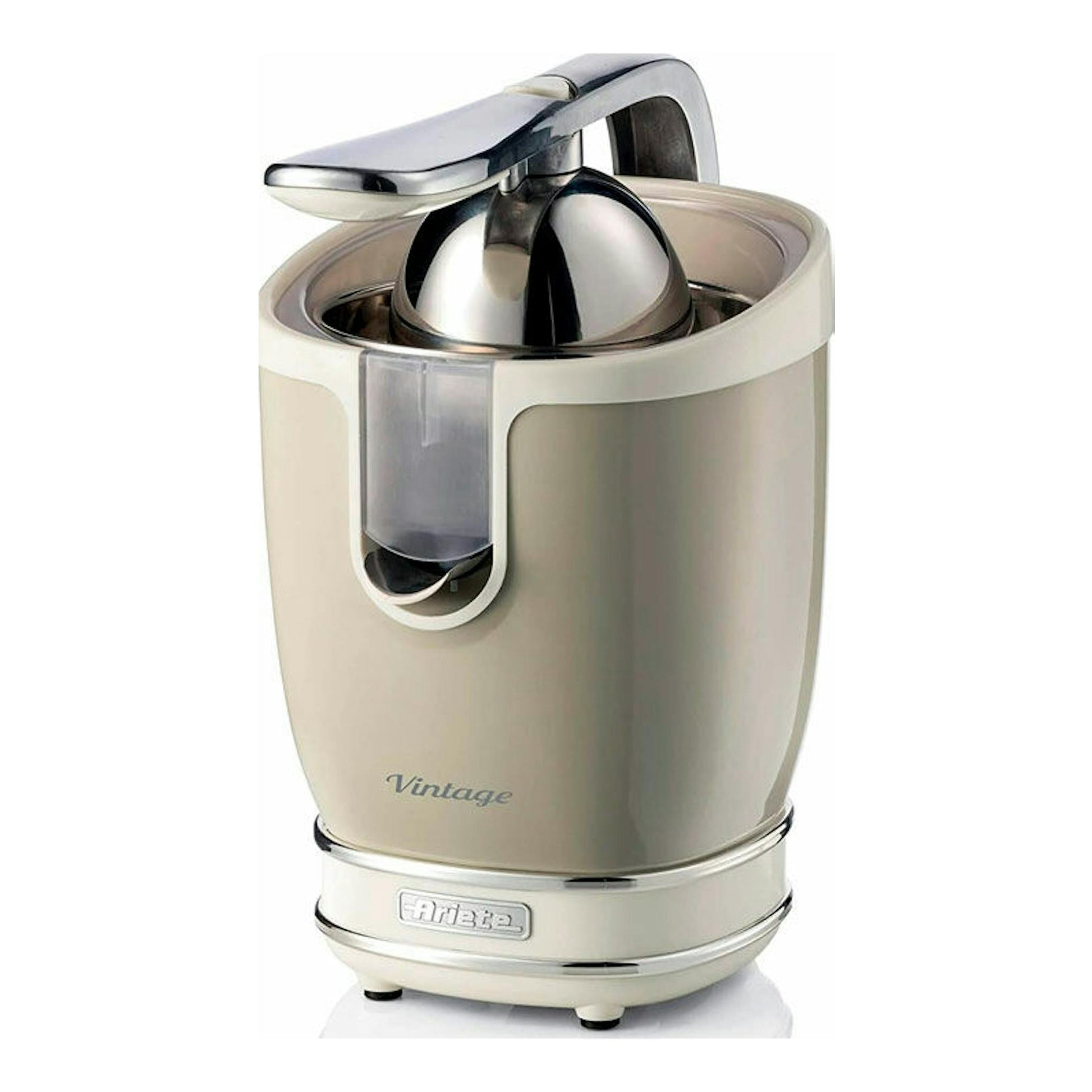 Exprimidor Ariete Vintage 413/03 beige, vista frontal, con cuerpo cilíndrico y palanca metálica.