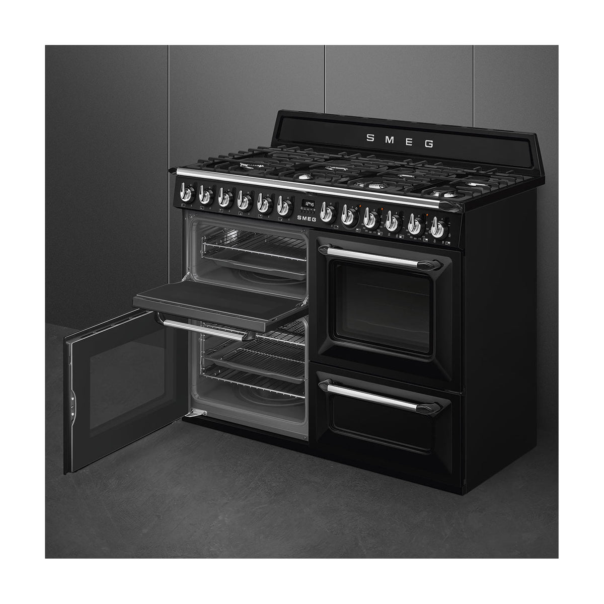 Cocina de gas Smeg TR4110BL1 Victoria de 110 cm con tres hornos eléctricos
