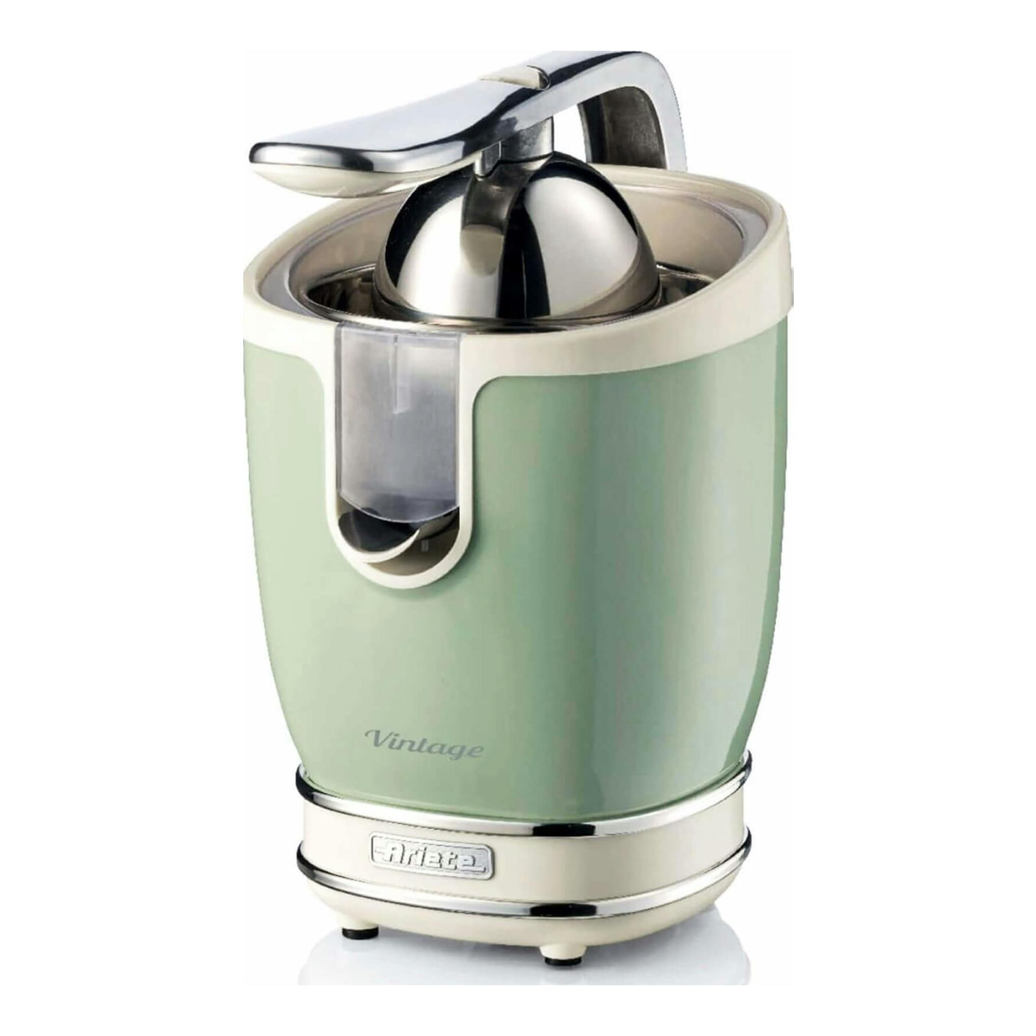 Exprimidor eléctrico Ariete Vintage 0413/04 verde menta y metal, vista frontal.