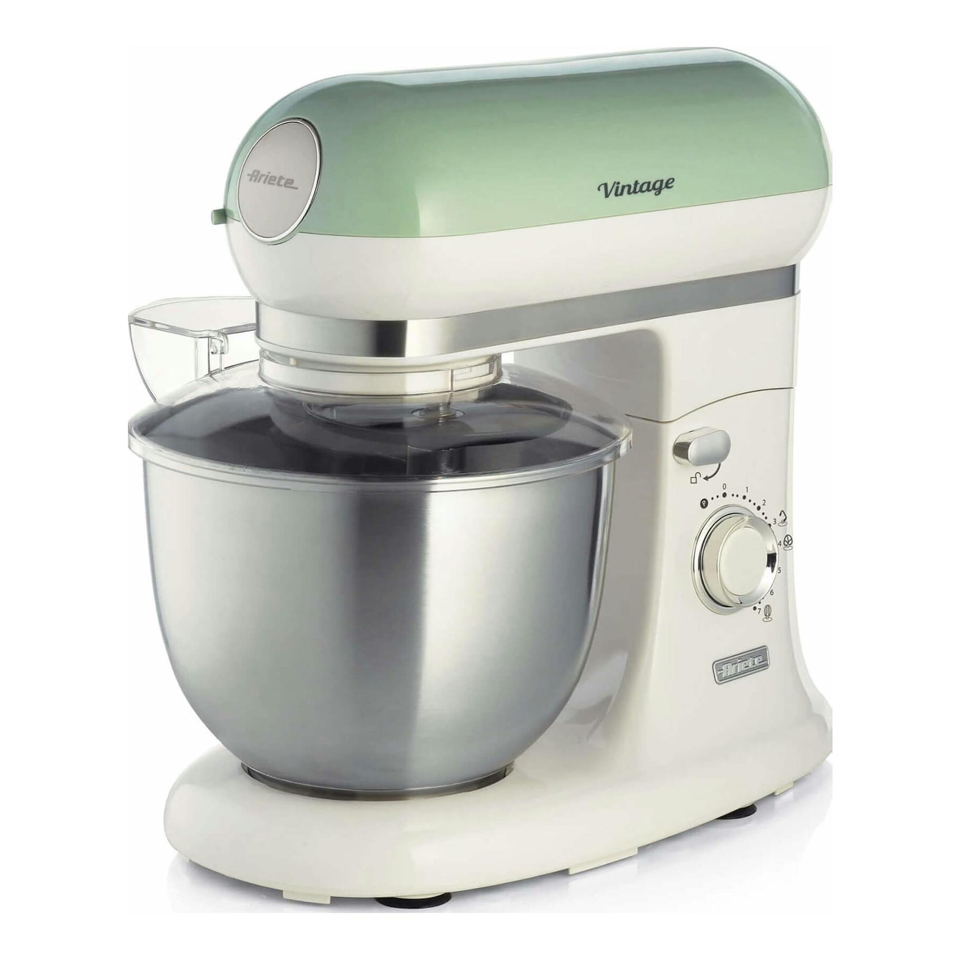 Robot amasador Ariete Vintage 1588/04 verde y blanco, vista frontal con tazón de acero inoxidable y tapa transparente.