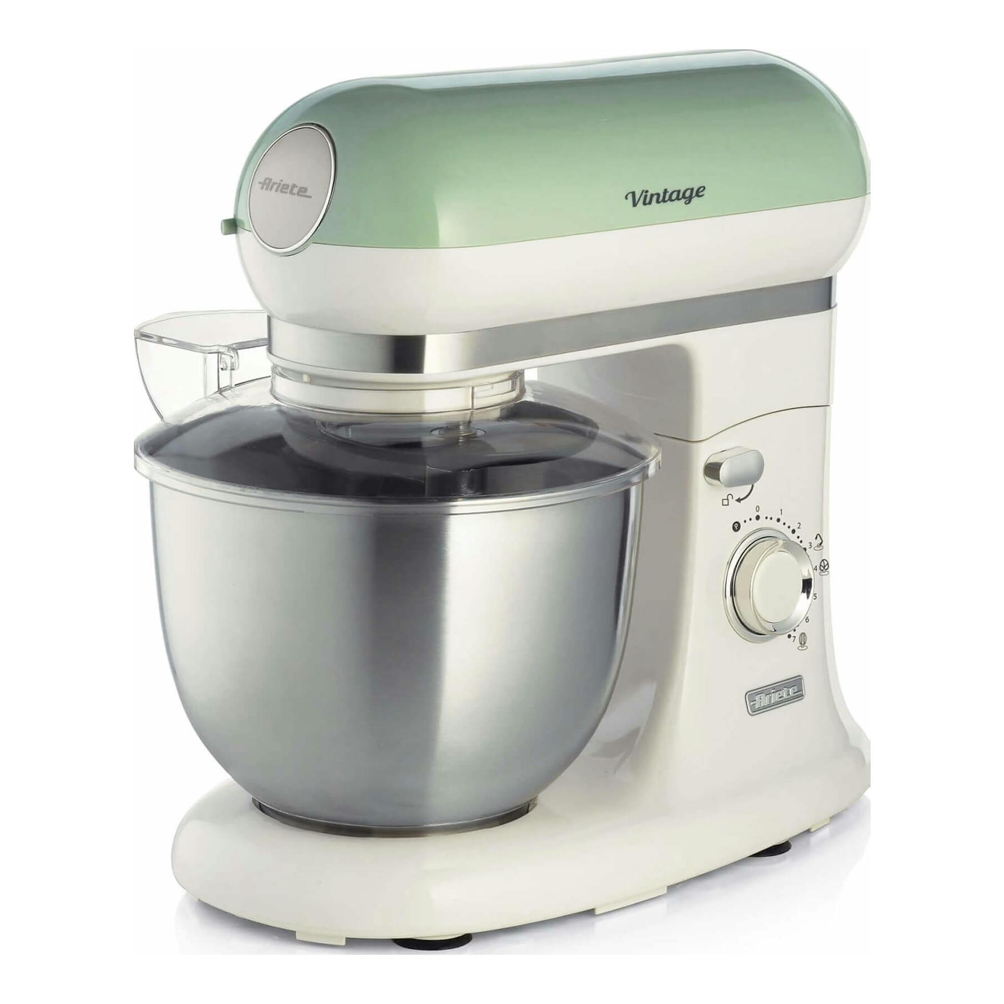 Robot amasador Ariete Vintage 1588/04 verde y blanco, vista frontal con tazón de acero inoxidable y tapa transparente.
