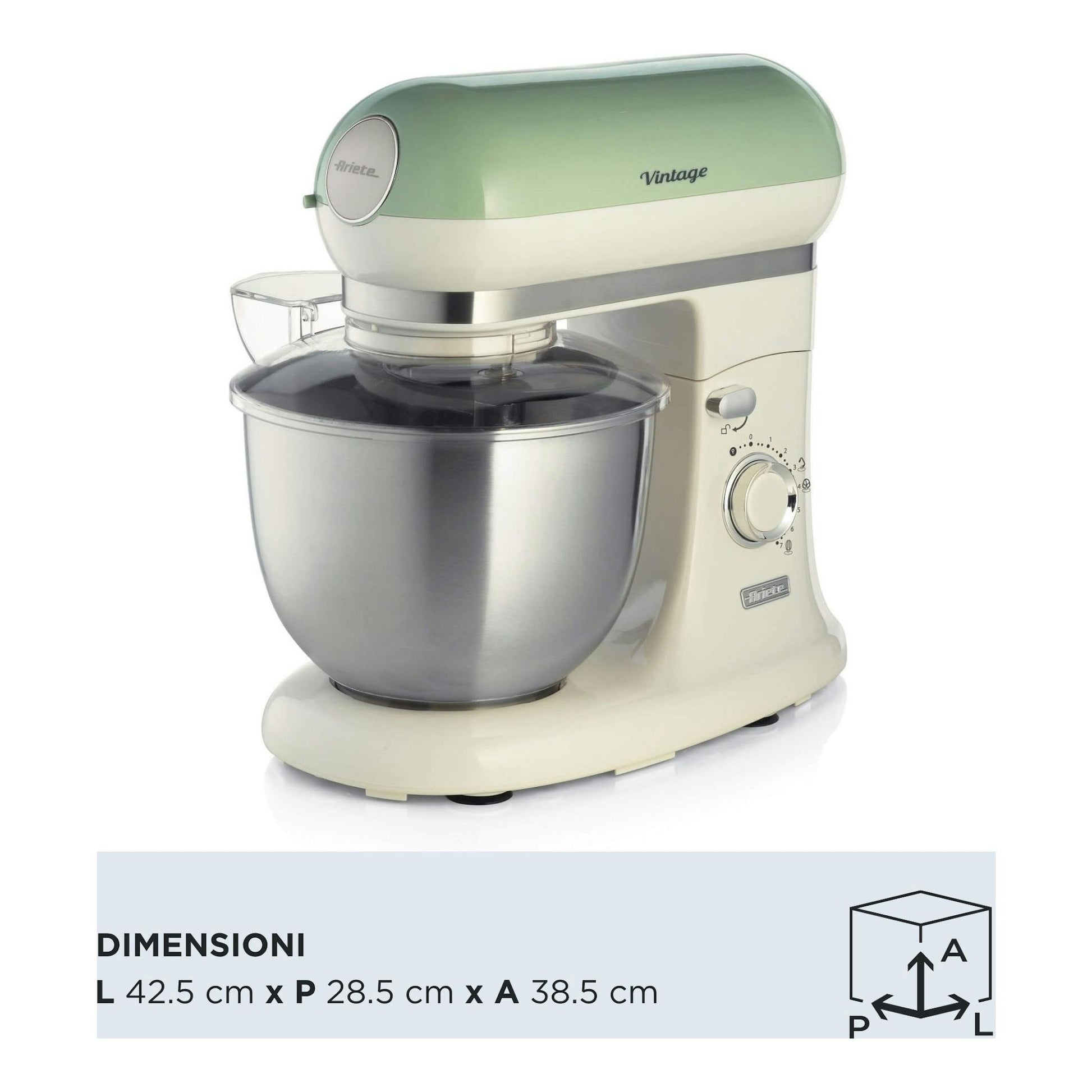 Robot amasador Ariete Vintage 1588/04 verde y crema, vista frontal lateral, con bol y tapa transparente.